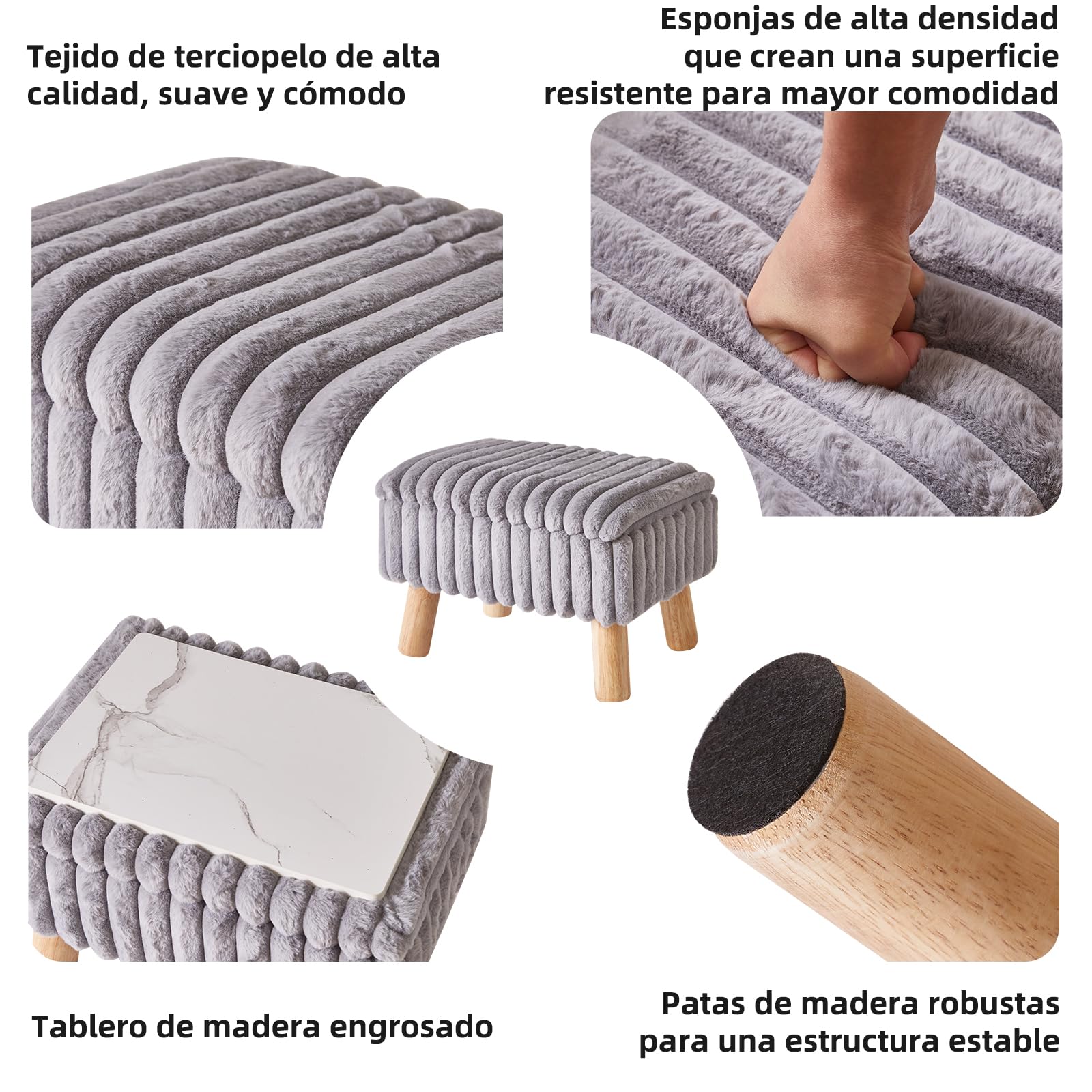 Aibiju Taburete Pequeño, Otomana de Terciopelo con Patas de Madera, Reposapiés Otomana, Asiento Adicional, Mesa Pequeña para Sala de Estar, Dormitorio, Recibidor, Gris YD-JD152G