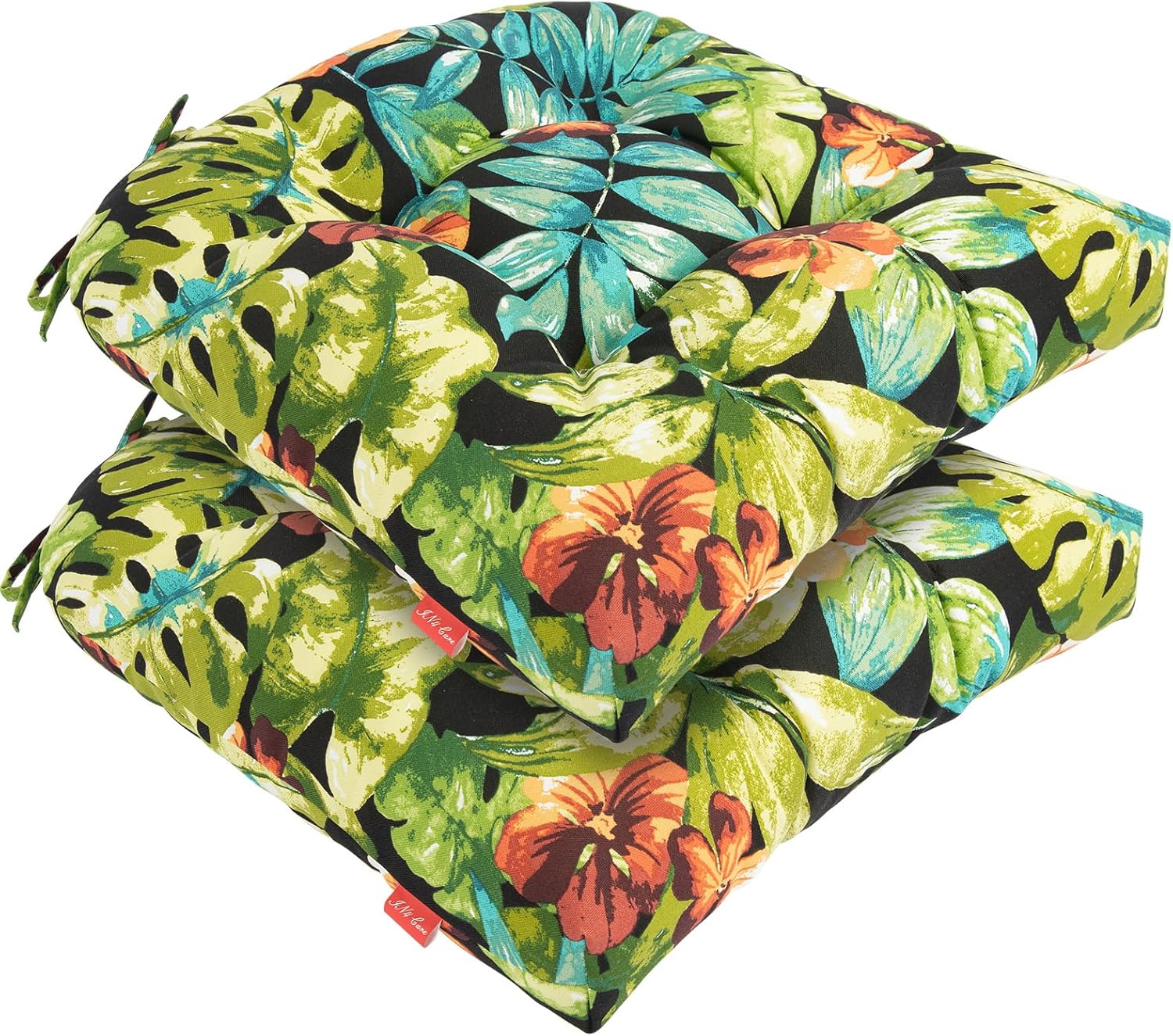 Indoor/Outdoor Tufted Seat Cushions with Ties Set of 2, 19"x19" Chair Cushions for Dining Chairs, Waterproof Overstuffed Chair Pads for Garden Patio Kitchen Home-Tropical Green Leaves A Maui Tropical Black 2 Count (Pack of 1)