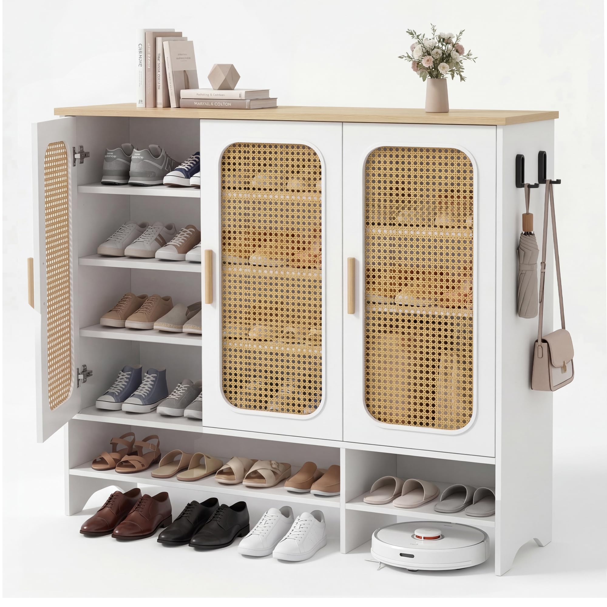 BonVache Weißer Schuhschrank mit Rattan, für Männer Größe Schuhe, Schuhschrank für Wohnzimmer und Foyer, 35.5×115×98.3 cm