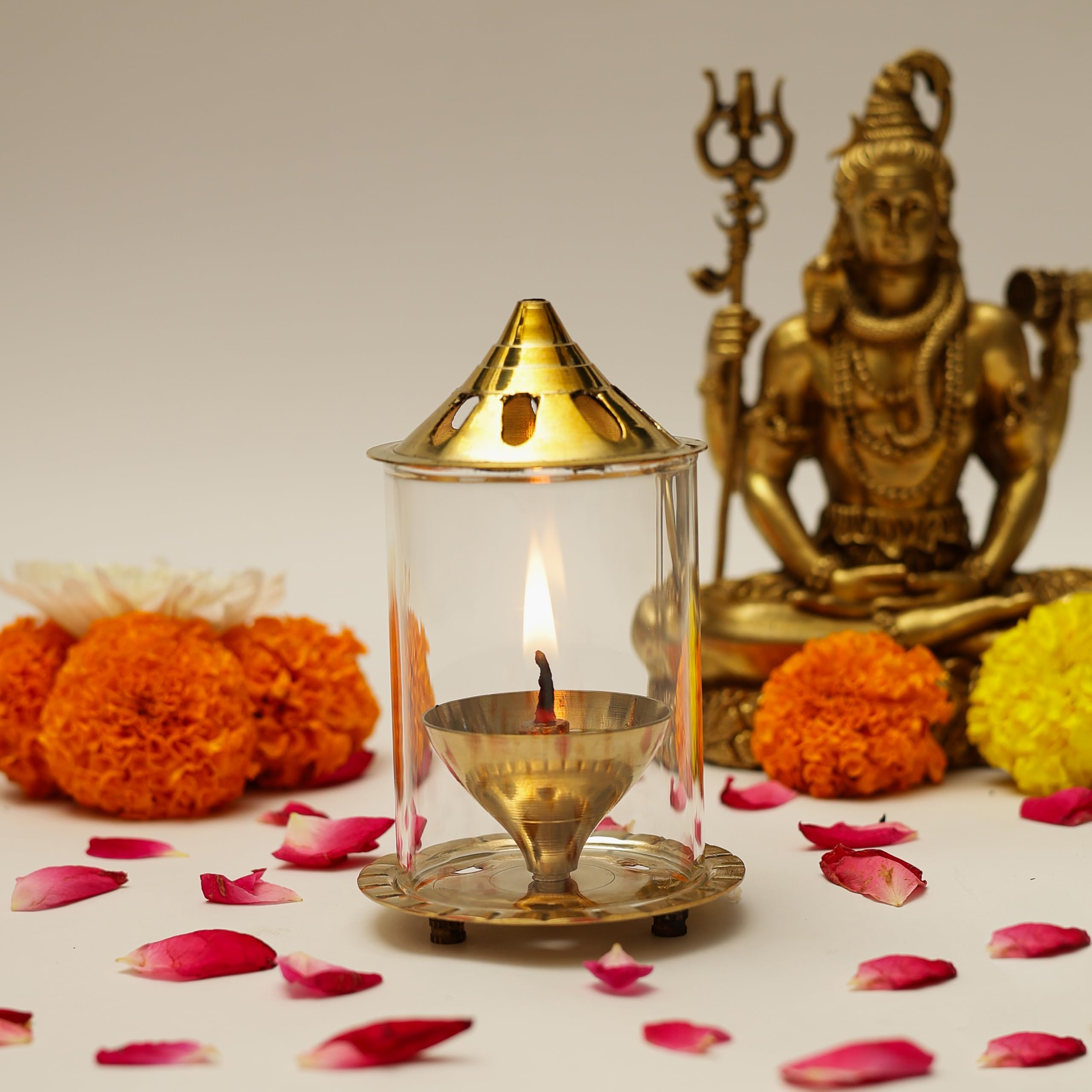Klassic Navjyoti 4 Inch Akhand Diya with Borosilicate Glass Shade for Mandir, Decorative Brass & Glass Oil Lamp Lantern Diya with Glass Cover for Prayers, Cylindrical Borosilicate Glass Brass Diya-image-18