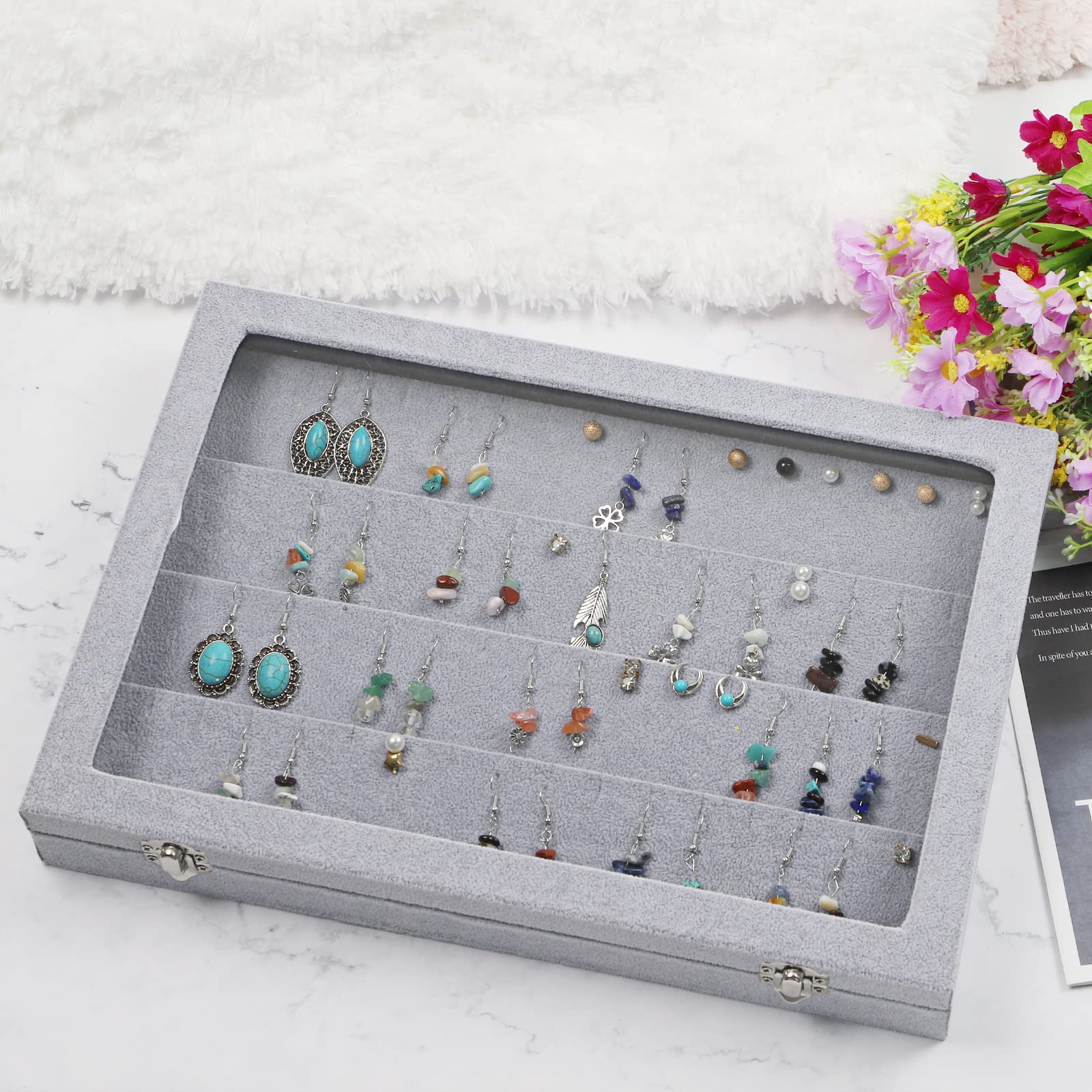 STYLIFING Jewelry Box for Earrings Only, 32 Pairs Earrings Organizer Box, Stud Earring Tray Earing Case with Clear Lid for Women
