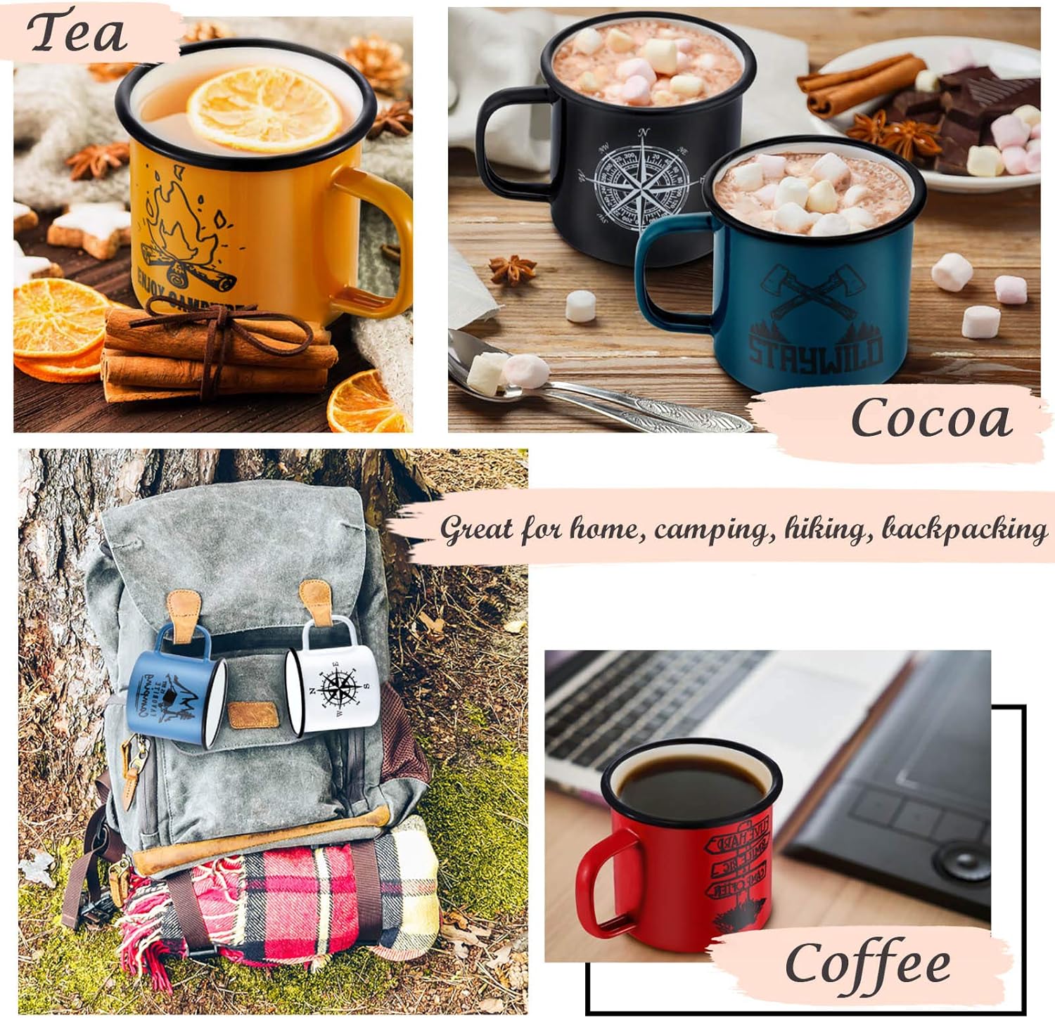 E-far Enamel Camping Mug Set of 6, 16 Ounce Metal Enamel Coffee Tea Cups for Outdoor Camping Hiking Backpacking Kids, 2-Sided Unique Graphic Design & Large Size - Colourful - Image 6