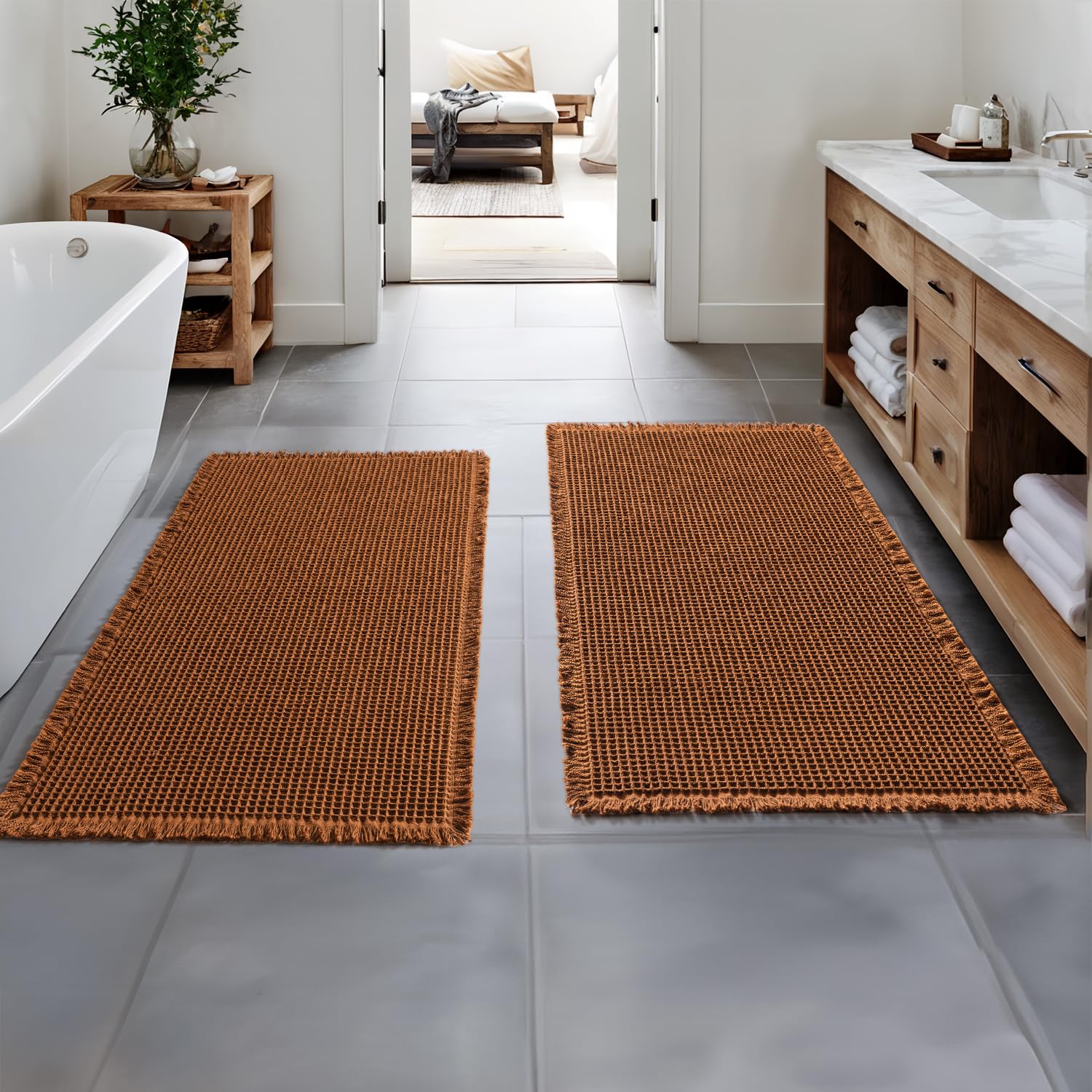 MIULEE Set of 2 Waffle Bathroom Runner Rugs, Fall Boho Bath Rug Non Slip, Super Absorbent Runner Bath Mats, Rubber Backed Shower Mat for Hallway
