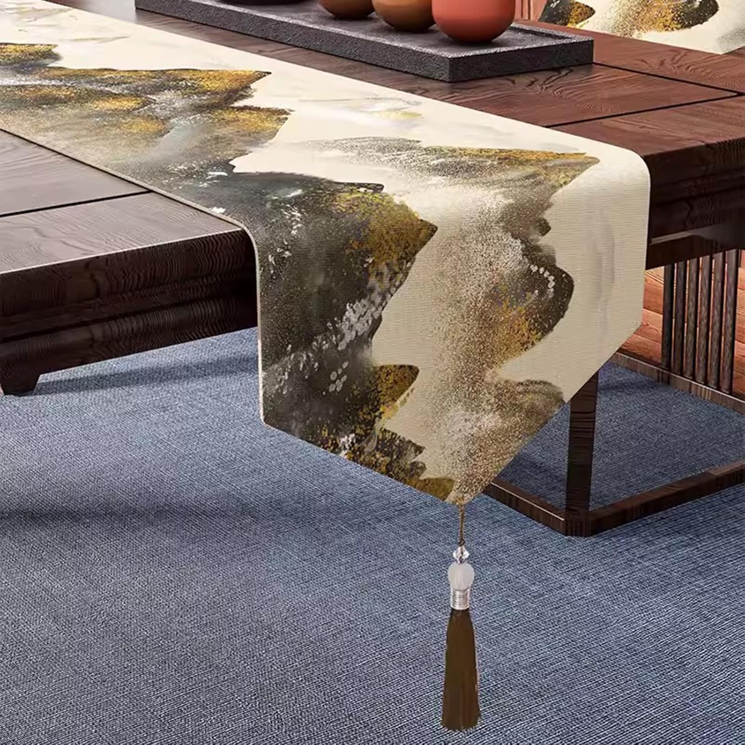 ZAQYCM Chinese Style Table Runner with Tassel, Dining Room Table Runner for Round Table/Coffee Table/Dining Table/Living Room, Long 48 60 72 90 120 Inches (Color : #3, Size : 32x160CM(12.5x63in))