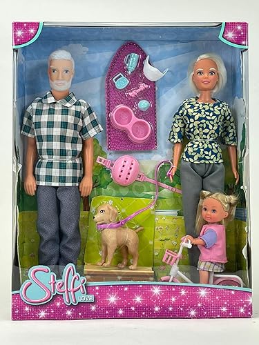 Simba 105733569026 Grandparents with Granddaughter, Set of 3 Dolls, Doll on Bicycle, Doll Clothes, Height 30, 29, 12 cm, Dress up, Gift for Children