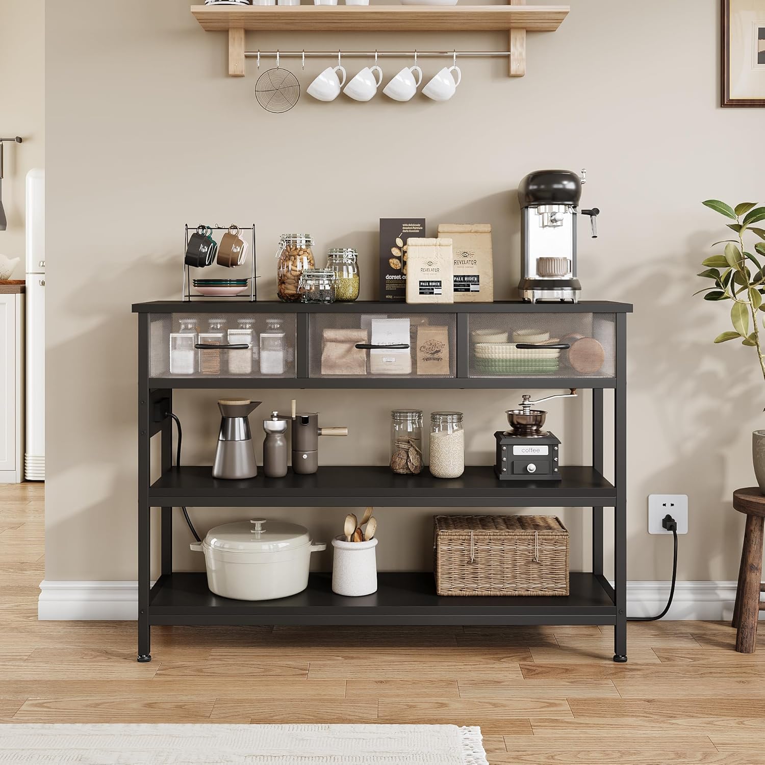 Lulive Entryway Table with Power Outlets, Console Table with 3 Fabric Drawers, Sofa Table for Living Room, Hallway, Couch, Foyer, Height Adjustable (Black, 43")