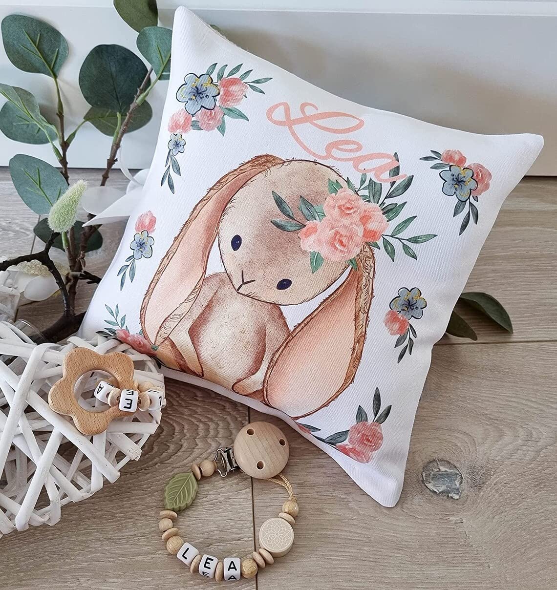 Windeltorte mit Name - Kuschelkissen Hase I Geschenk, Babyparty, Geburt oder Taufe + gratis Grußkärtchen