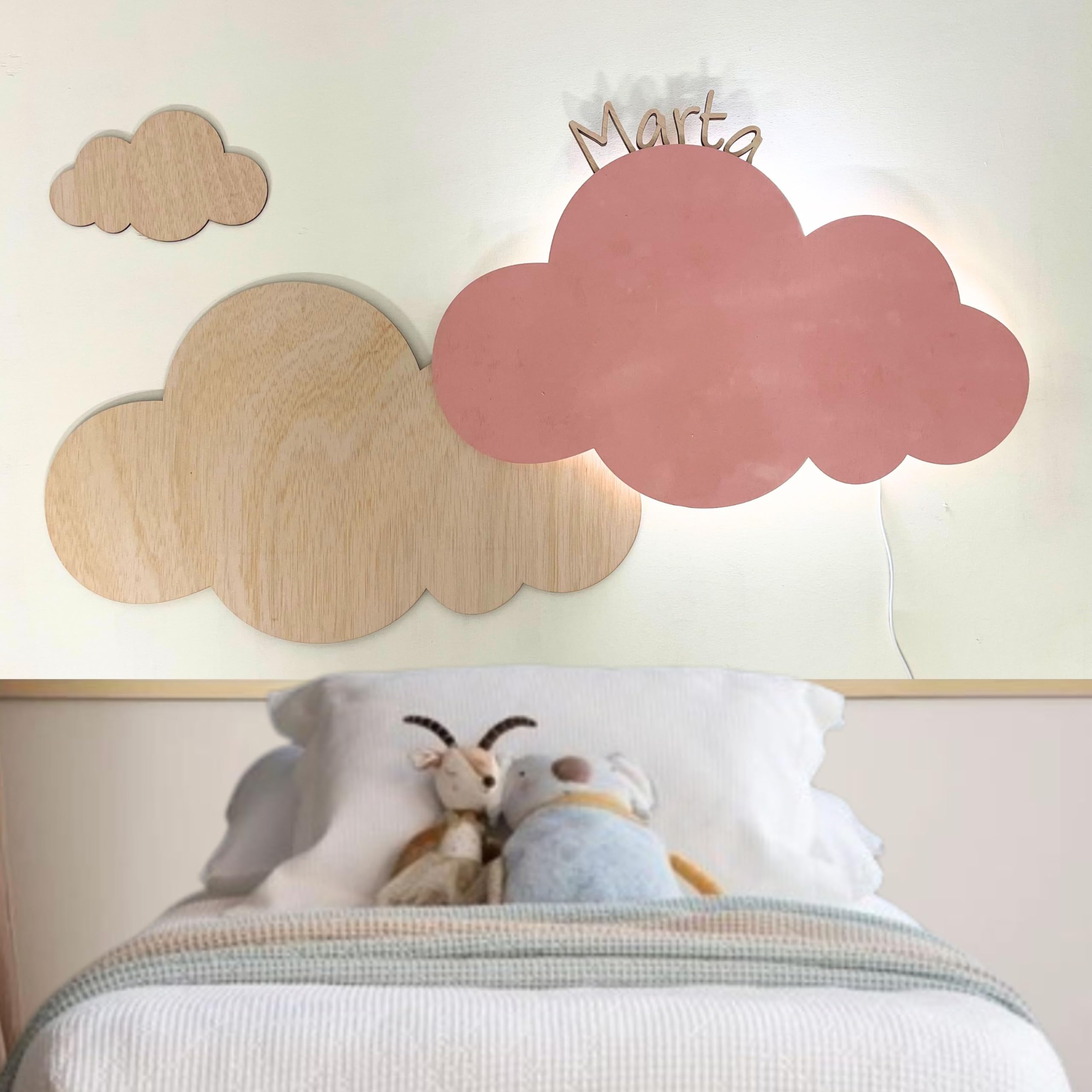 Cabecero de cama infantil, cabecero infantil nube con luz, cama 90, regalo bebe recien nacido, nombre en madera personalizado (Nubes grandes)