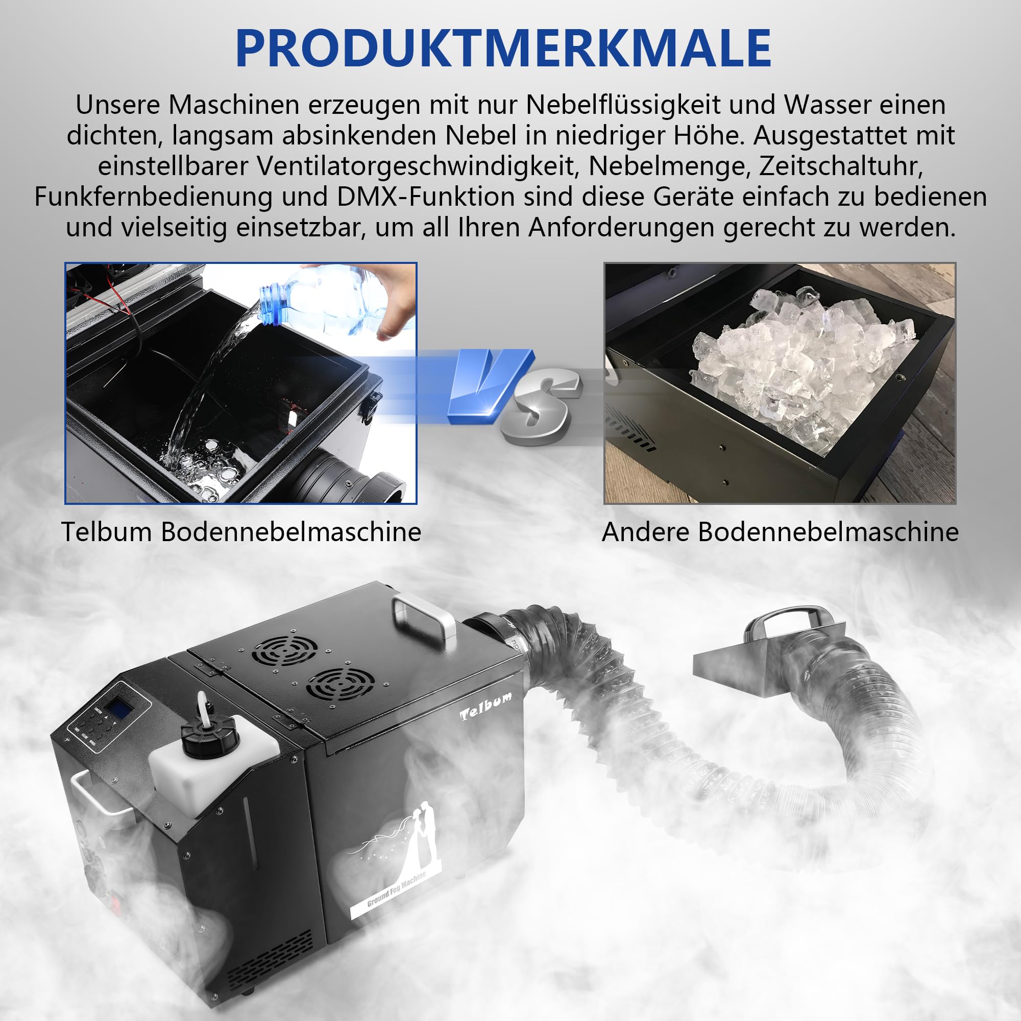 Telbum 1500W Boden Nebelmaschine mit Schlauch, Nebelmaschine Bodennebelmaschine mit Fernbedienung, DMX 512, Manuelle Steuerung, Timerfunktion, Rauchmaschine Fog Maschine für Halloween, Bühne, Hochzeit