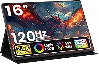 Portable Monitor 16" 2K QHD 2560X1600 450 Nits 106% sRGB 120Hz IPS HDR HDMI USB-C Travel Monitor for Laptop Mac PC Surface PS5 Xbox, External Display with Cover & Speakers, VESA Compatible