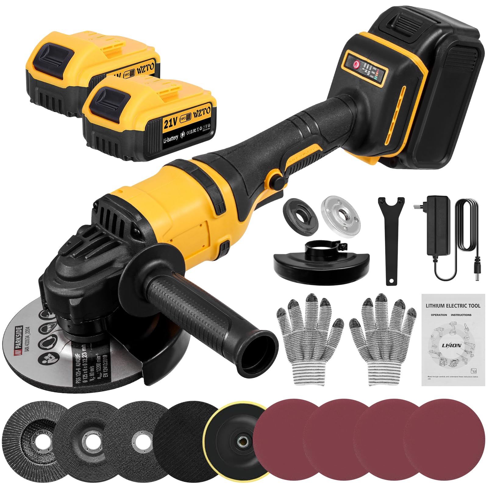 Akku Winkelschleifer - 21V Professional Winkelschleifer Set 16Pcs (Scheiben-Ø 125mm,Leistung 1500W, 0-30000 RPM,1 Schleifplatte, Zusatzhandgriff,Schraubenschlüssel,Ladegerät, 2×5000mah Akkus)