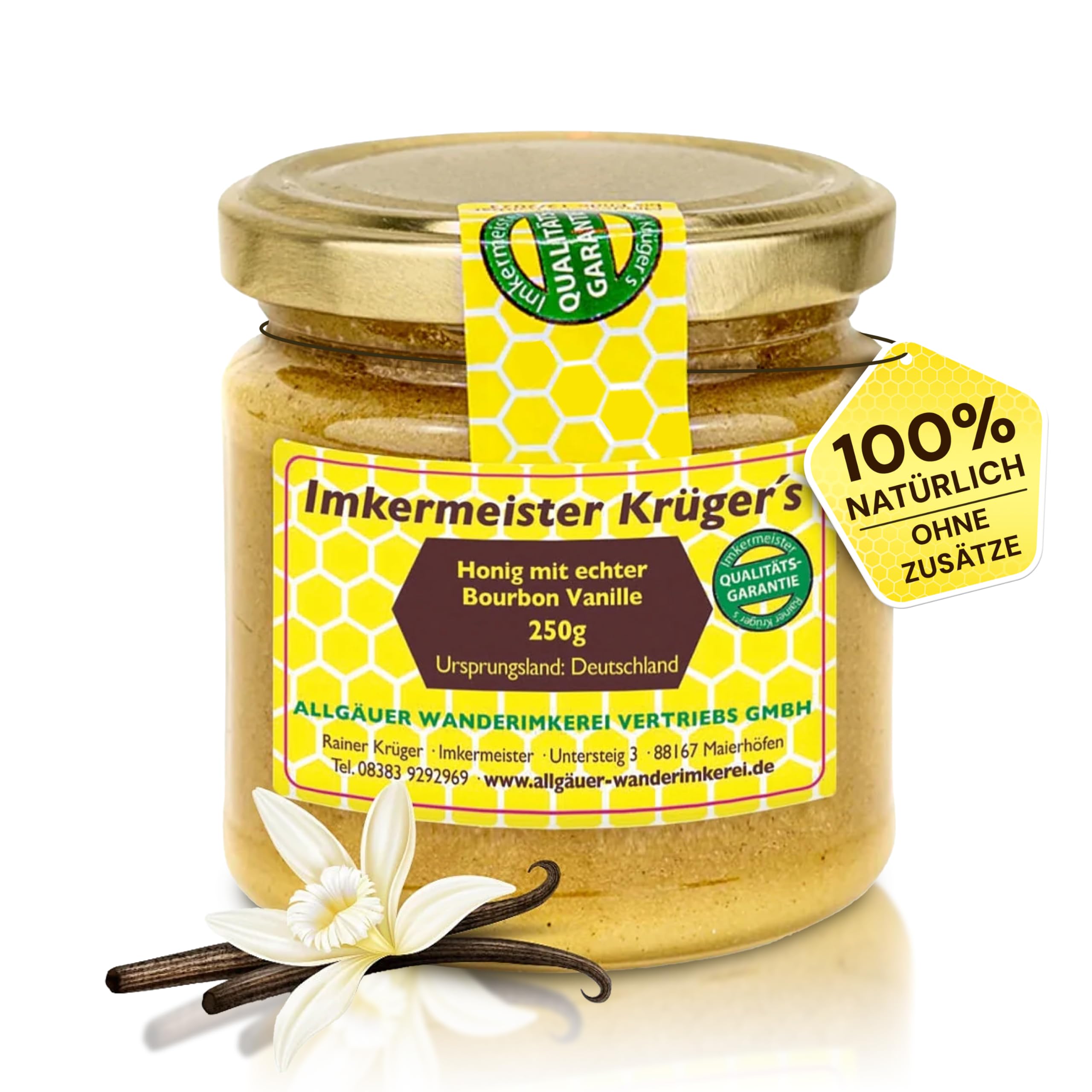 Allgäuer Wanderimkrei Honig mit echter Bourbon-Vanille 250g | DIREKT VOM IMKER aus Deutschland | PESTIZIDFREIE PRODUKTION | Imkermeister Krügers Qualitätsgarantie