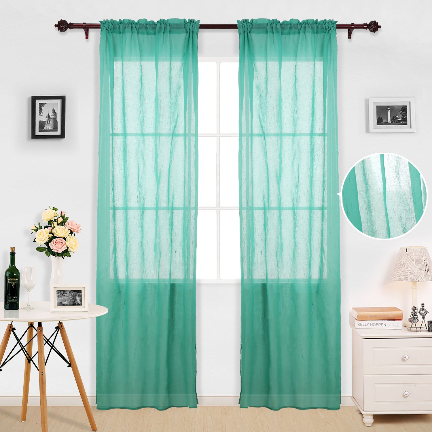 Deconovo sólido (aspecto de lino), color ondulados Sheer sintética India algodón cortina paneles 1 par, poliéster y mezcla de poliéster, verde azulado, 42W x 84L Inch