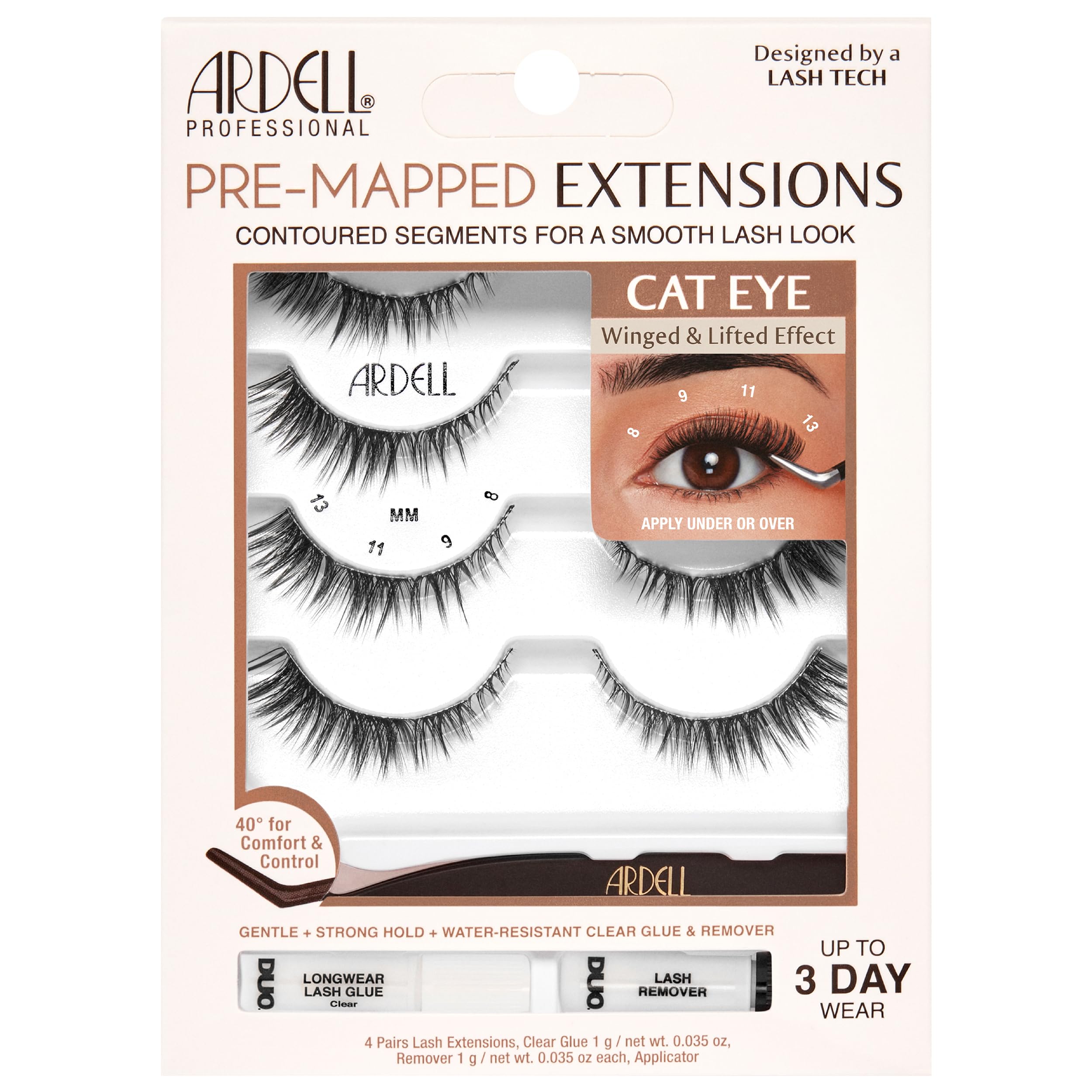 Ardell Pre-Mapped Eyelash Extensions Kit - False Lashes Cat Eye Reusable Segmented Lash Strips Long-Lasting with Lash Glue