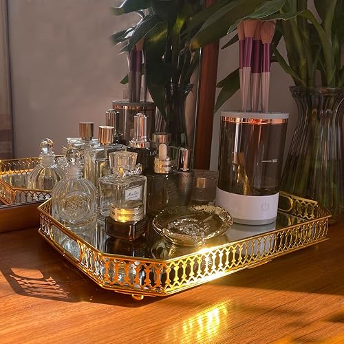 Miniatura 4 de Bandeja de perfume dorada, bandeja de espejo, bandeja de tocador, bandeja de vidrio, bandeja decorativa de metal rectangular, bandeja organizadora