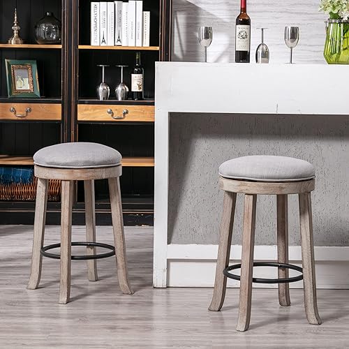 Miniatura 3 de DUOMAY Juego de 2 taburetes de bar giratorios vintage franceses, taburetes de altura de mostrador de 26 pulgadas, taburete de tela sin brazos con