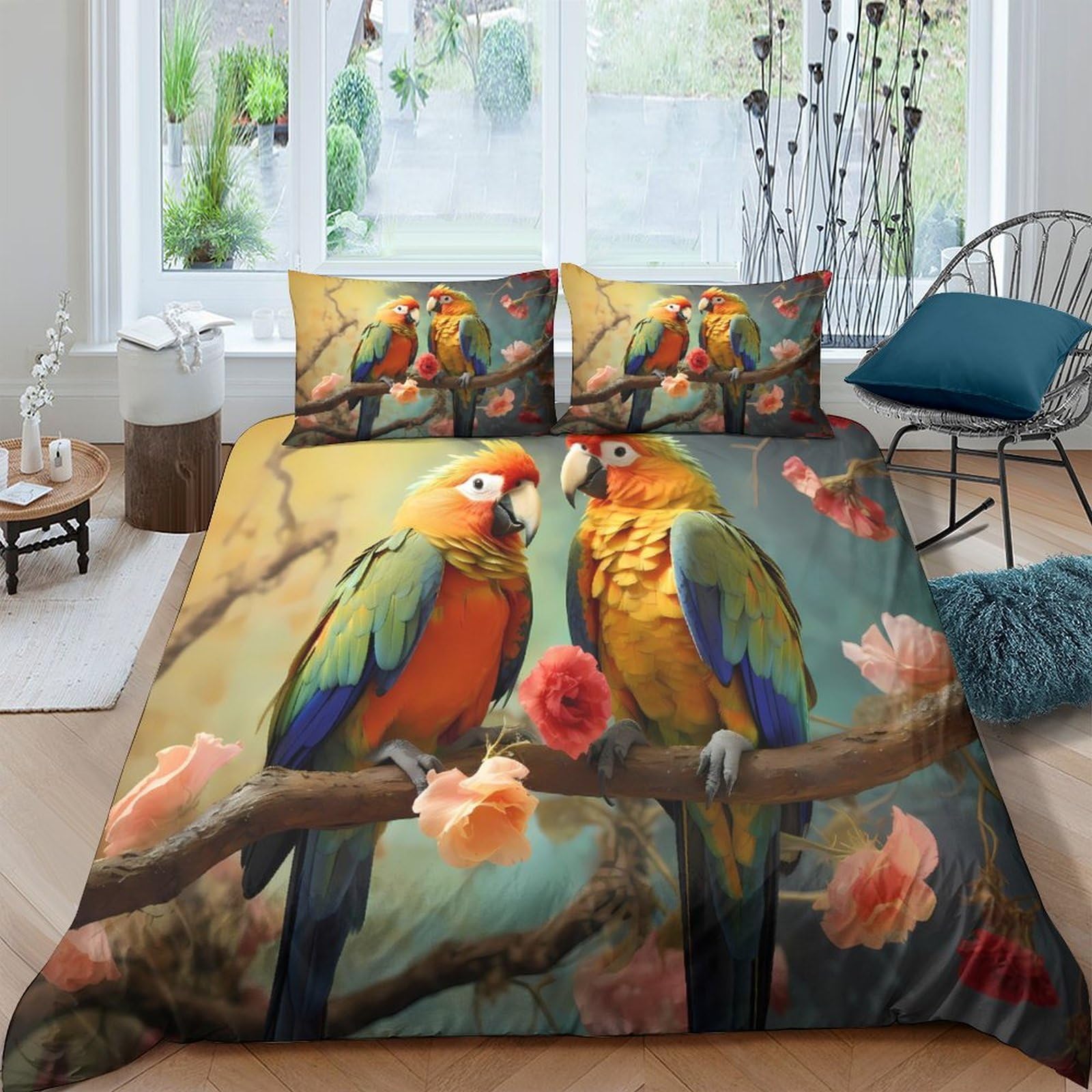 GPLZQXKJNH 3D Printed Parrot Floral Duvet Cover Set Microfiber Soft Breathable Bird Branch Quilt Cover with 2 Pillowcases for Bedroom Decor Single（135x200cm）