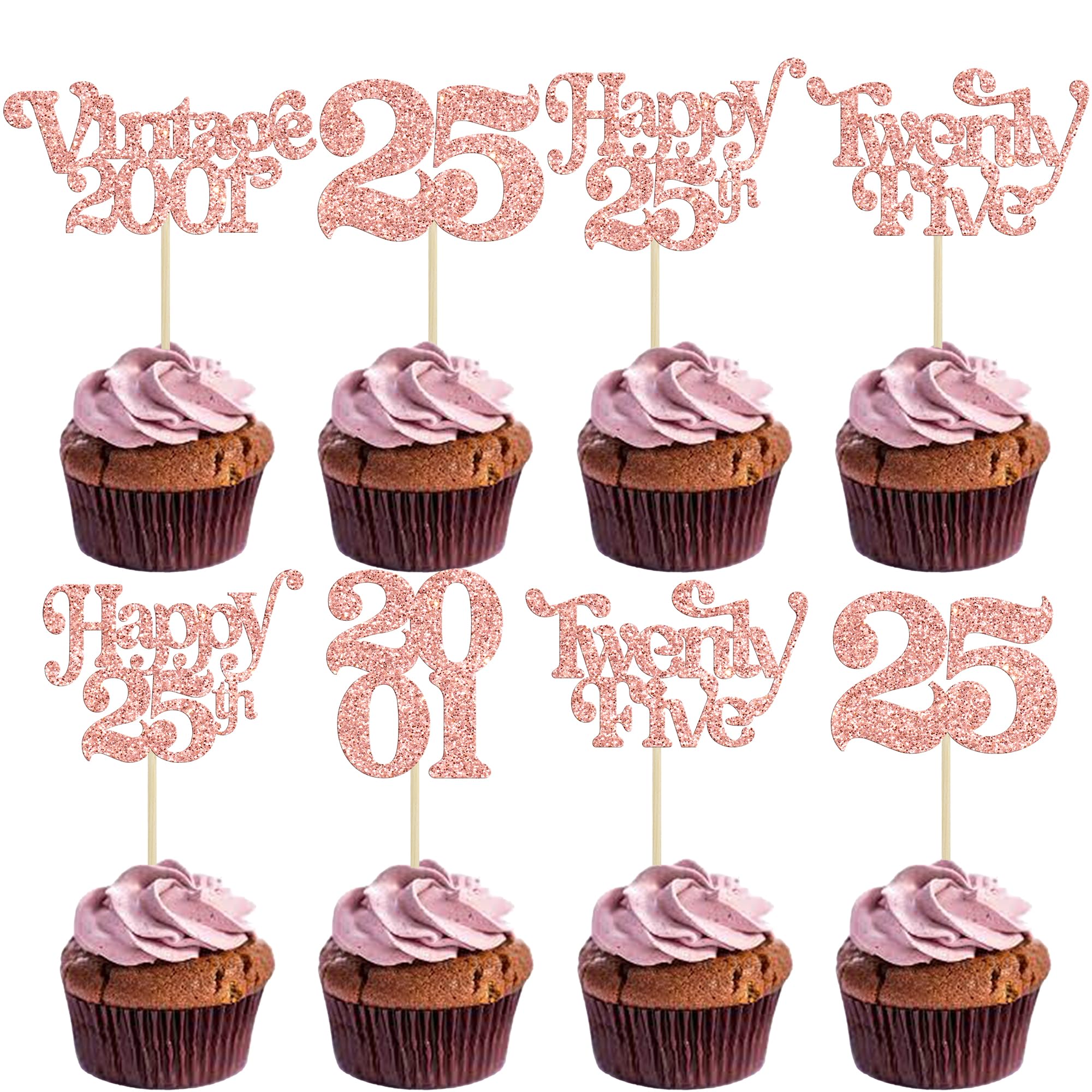 Gyufise 30Pcs 25th Birthday Cupcake Toppers Glitter Twenty-Five Vintage 2001 Cheers to 25 Cupcake Picks Hello 25 Years Birthday Cake Decorations for 25th Anniversary Party Supplies Rose Gold