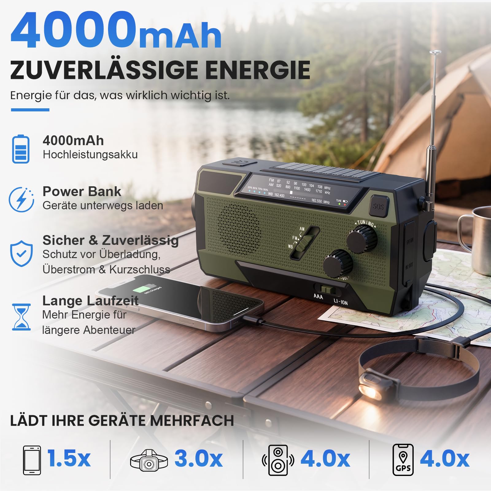 Kurbelradio Notfallradio 4000mAh (14800 mWh) Akku, Powerbank mit 3 integrierten Kabeln, Radio mit Kurbel und Solar, AM/FM SOS Alarm Taschenlampe Notfall Kurbel Radio für Camping Outdoor Stromausfall