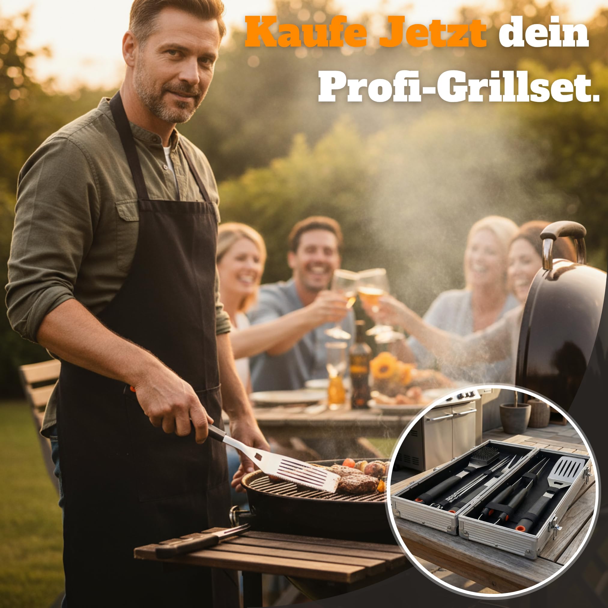 Grillkoffer Grillset für Männer - Grill Set mit Metallkoffer aus Edelstahl, Grillbesteck & Grill Zubehör, 3 in 1 Wender mit Flaschenöffner und Schneidekante