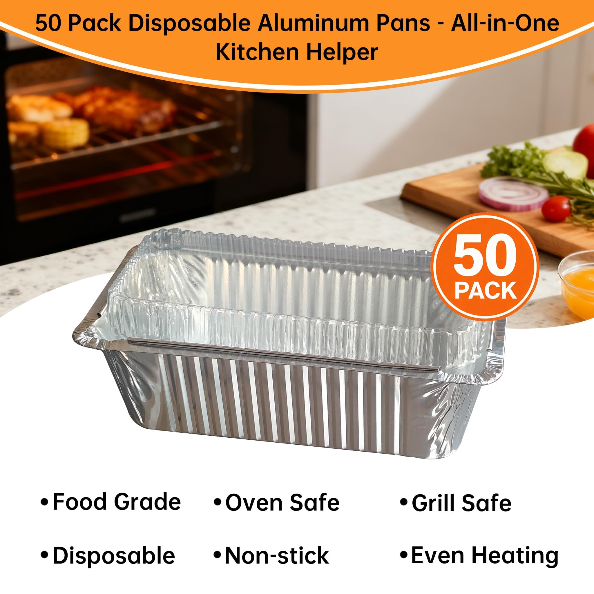 Paquete de 50 moldes desechables de aluminio de 6.9 x 3.5 pulgadas con tapas, mini moldes para hornear de 1 libra, moldes de aluminio, ideales para hornear pan, pasteles, rollos de canela y almacenar