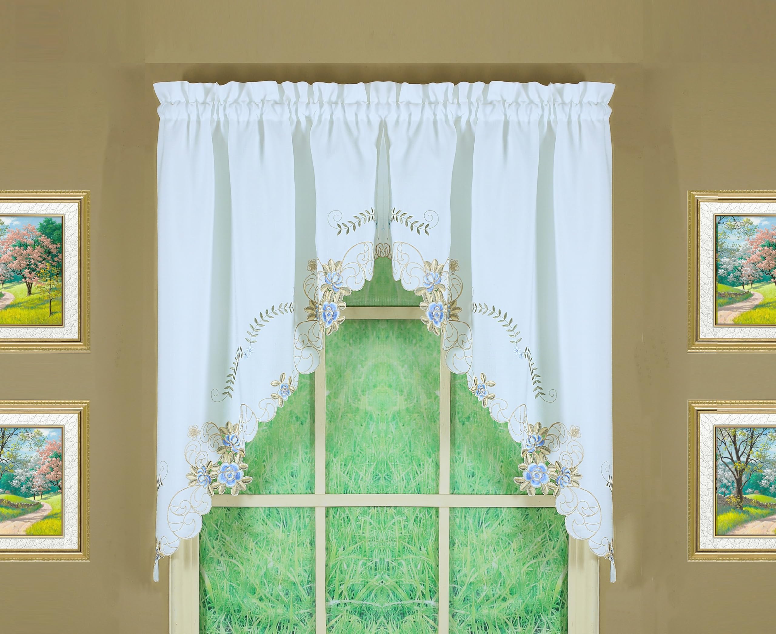 Today's Curtain Verona Reverse Embroidery Window Swag, 38-Inch, White/Blue - Verona CA50304P