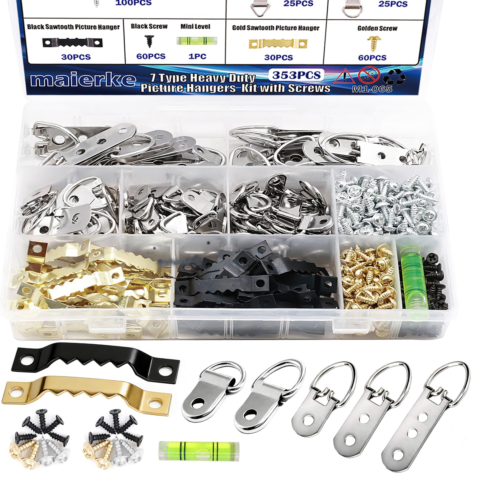 maierke 353PCS Picture Hanging Kit,Picture Hangers Heavy Duty Picture Hanging Hooks with Screws,Picture Frame Hooks Heavy Duty Picture Framing Supplies Kit for Picture Hanging(7 Types)