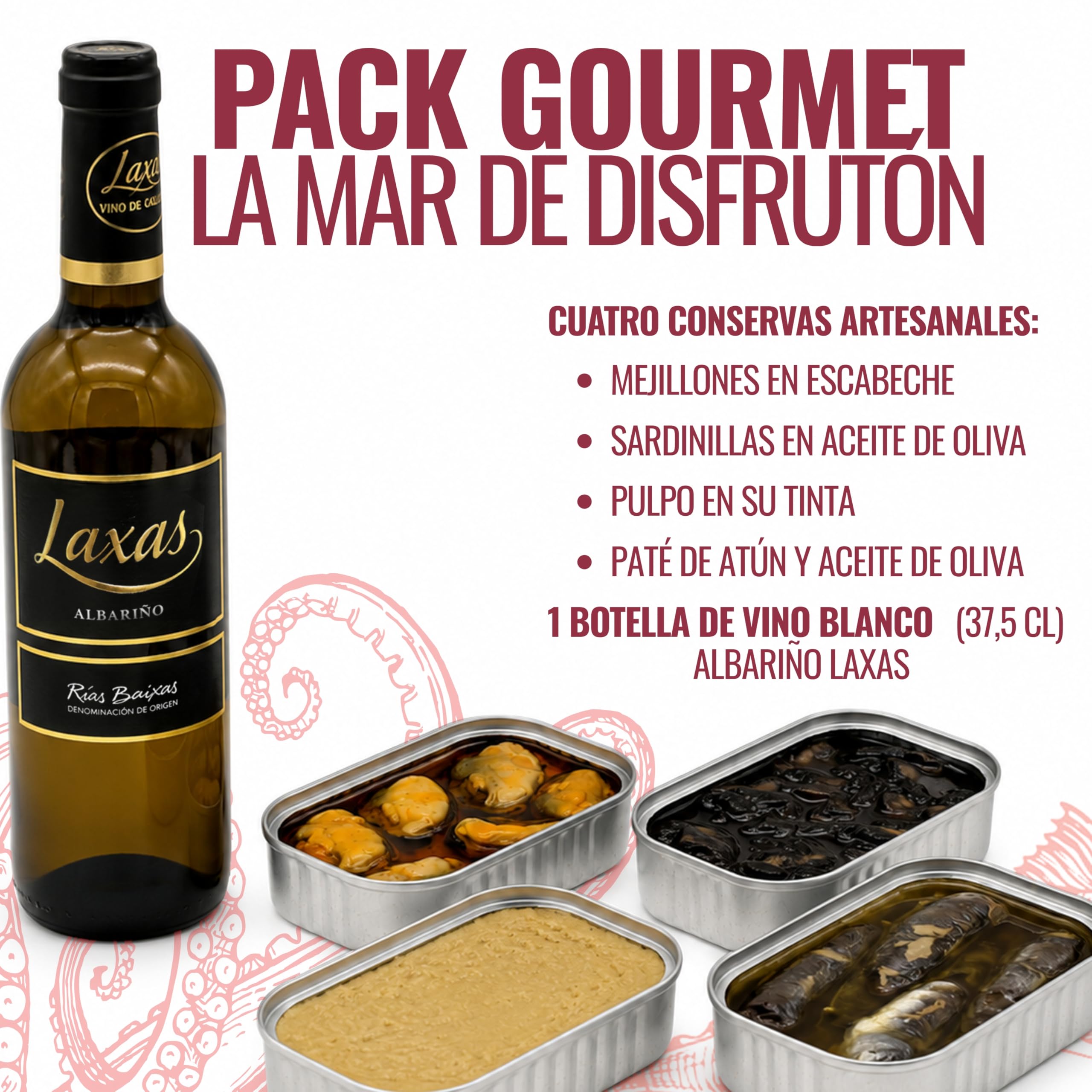 Caja Regalo Gourmet con Albariño Laxas y Conservas Gallegas – Mejillones, Sardinas, Pulpo en Tinta, Paté de Atún – Pack Aperitivo Navidad