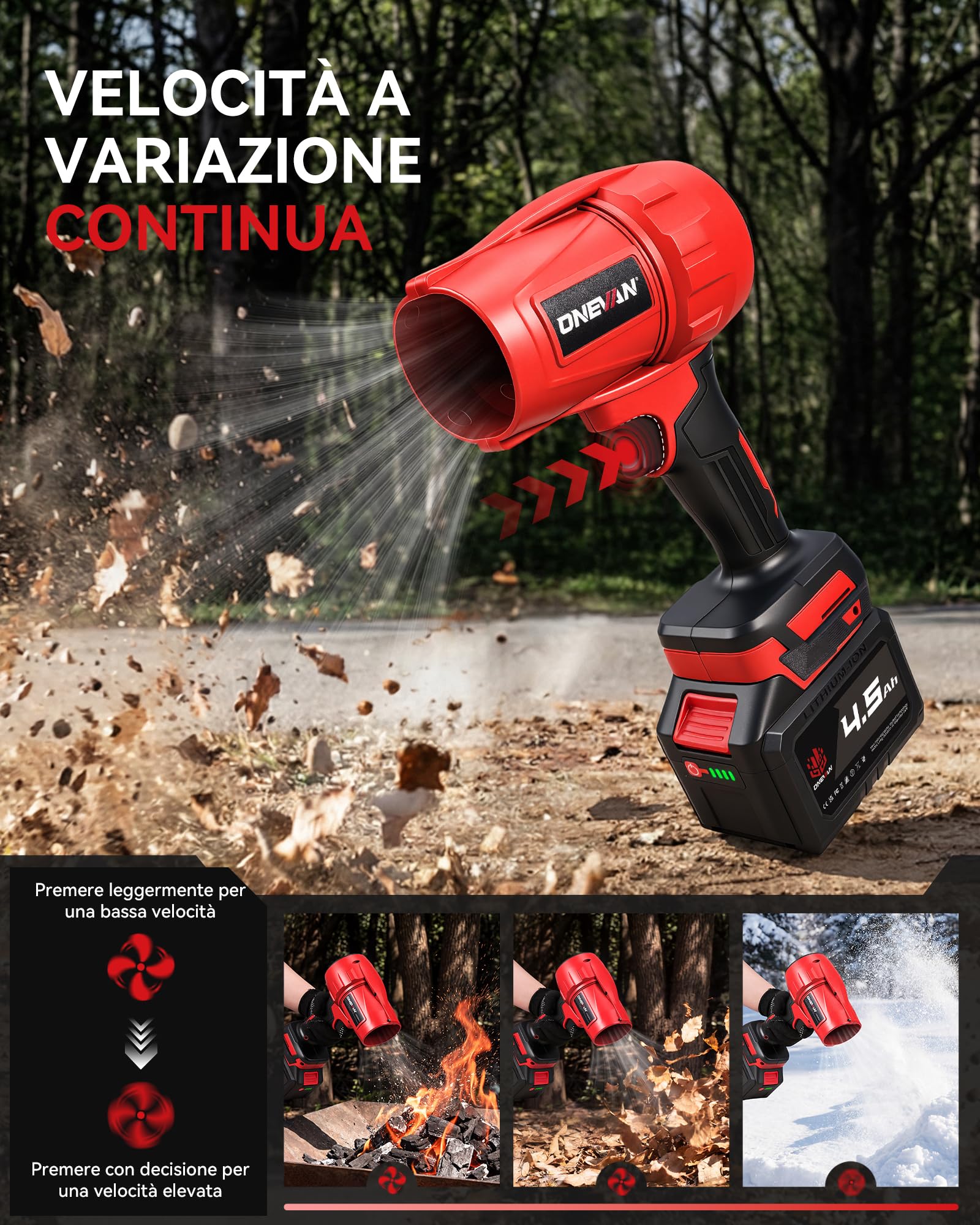 ONEVAN Turbo Soffiatore a Batteria, 600km/h Soffiatore per Foglie Brushless con 2 Batterie 4,5Ah e Caricabatterie 1,2A, Forza Soffiante 1,5kg, Soffiatore Elettrico Portatile per Foglie, Polvere e Neve