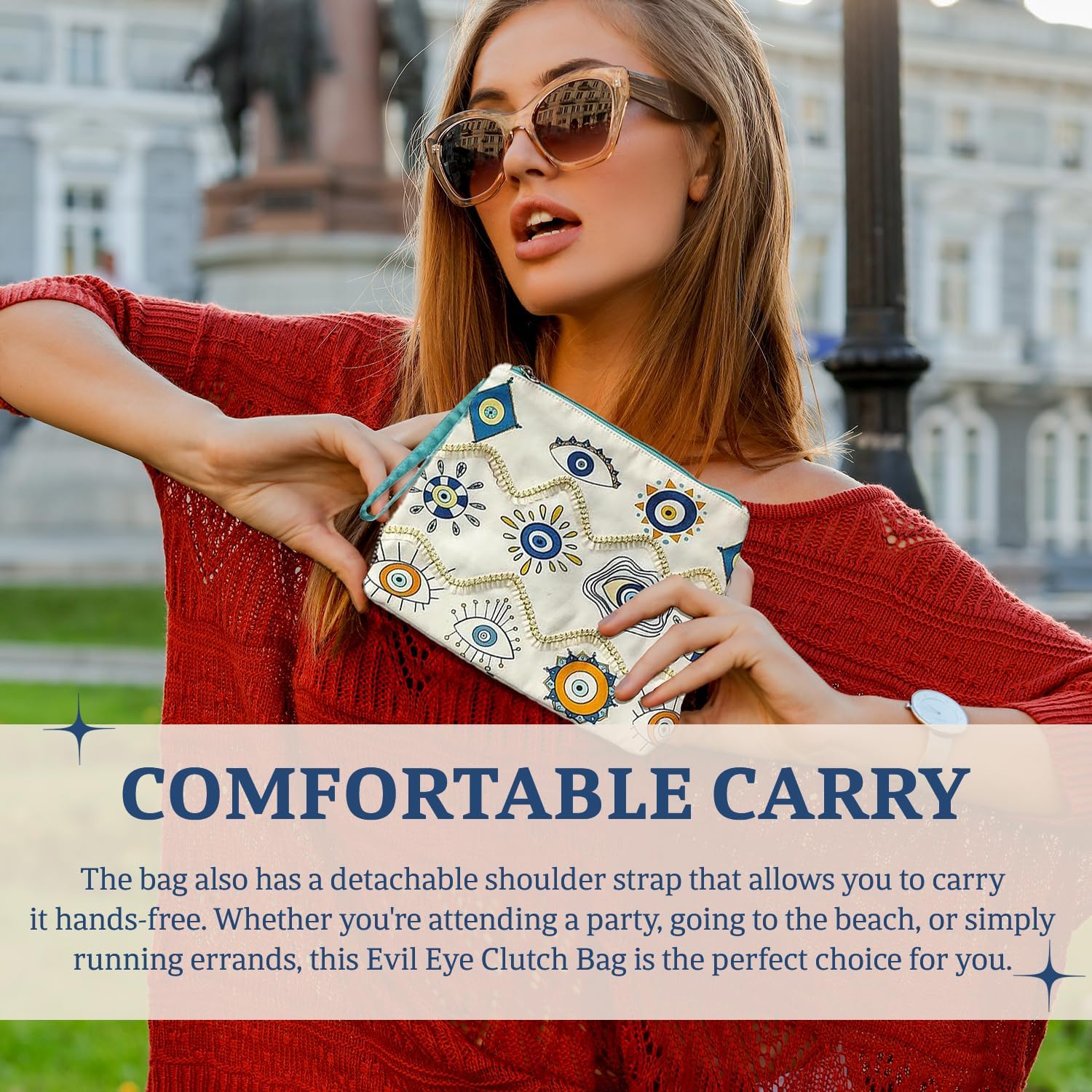 Clutch Bag with Evil Eye Print and Lace Design - Adjustable Detachable Strap - Stylish Zipper Closure Bag for Women and Girls - Ideal for Shopping Parties and Everyday Use