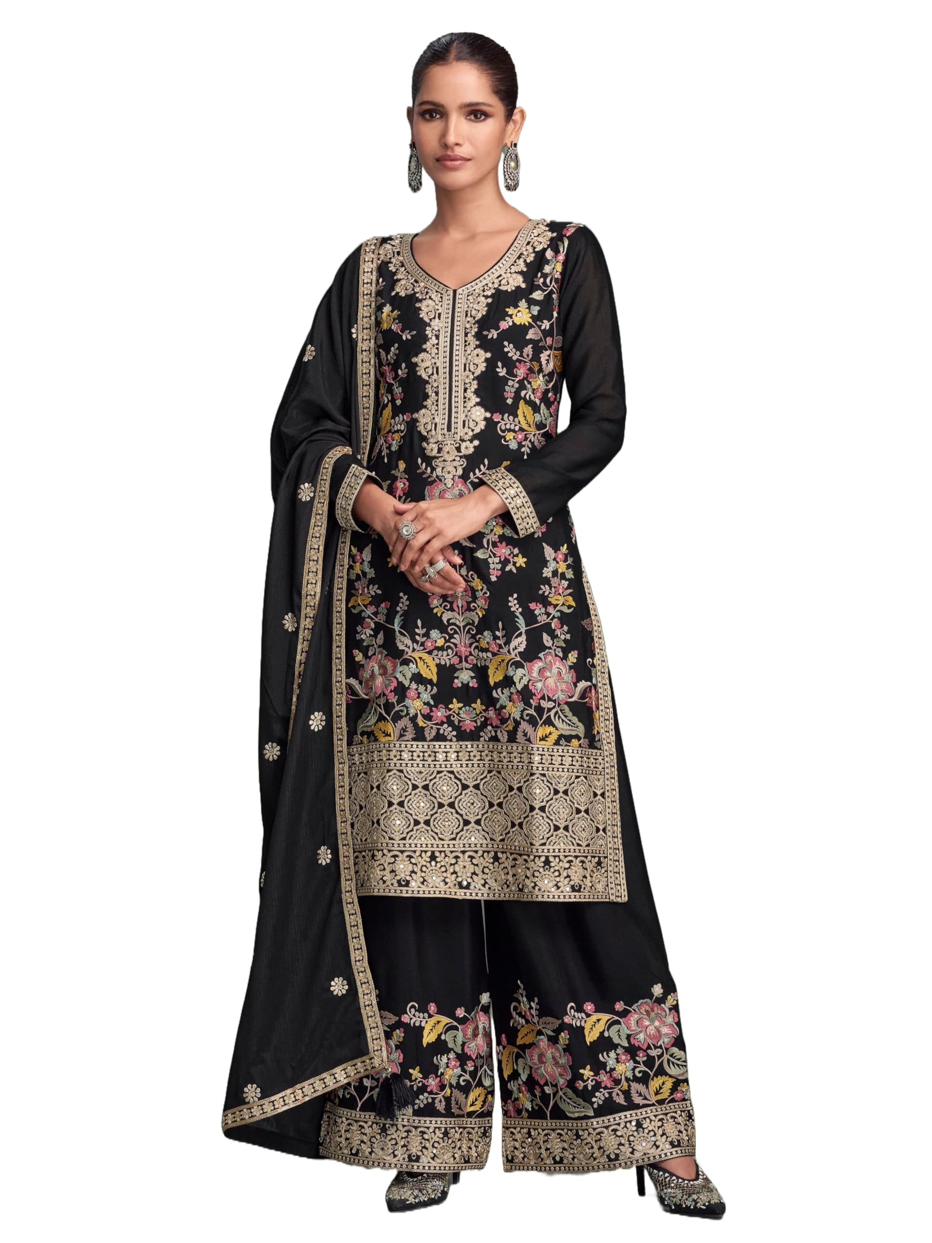 Women's Black & Pink Floral Embroidered Straight Kurta Set with Wide Leg Palazzos -(SSW-1262-Black)-image-39