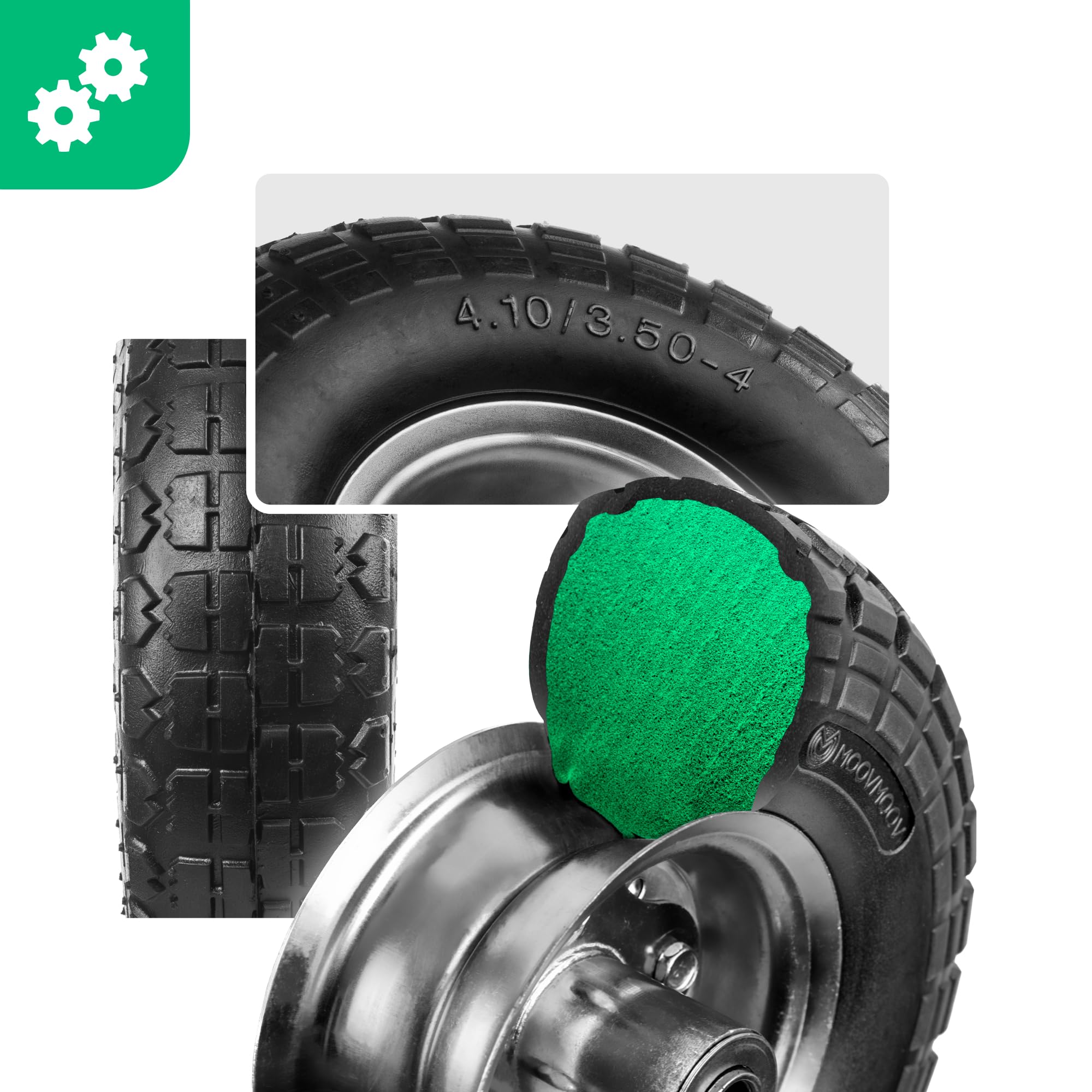MOOVMOOV Rueda Maciza 4.10/3.50-4 (x2) Orificio para Eje de 16 mm - Cubo Desplazado de 55 mm - Para Carretillas, Carretillas de Mano, Carros, Etc. - Incluye Anillo de Bloqueo + Tapa Autolock