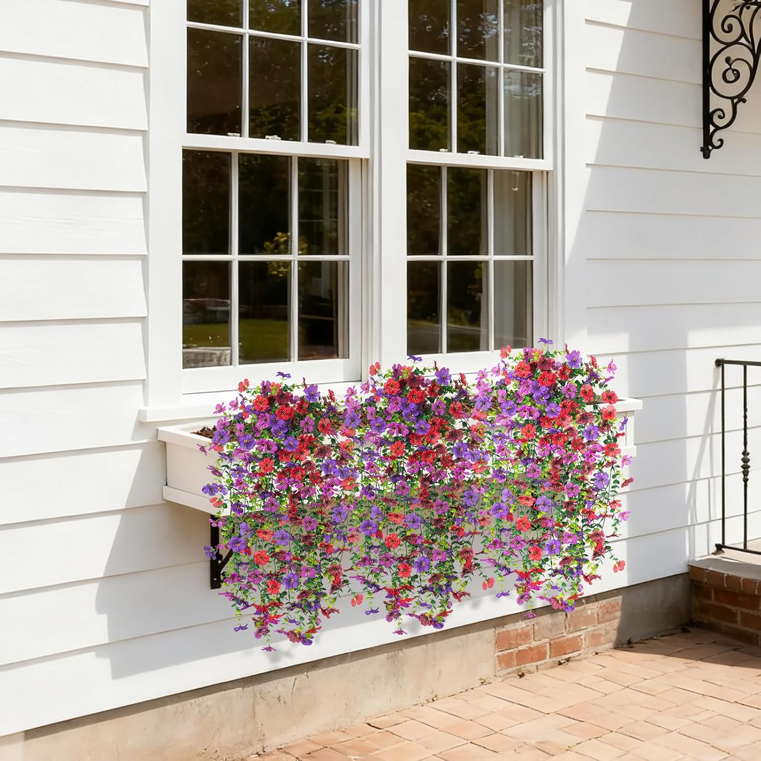 Hrobek Artificial Hanging Plants Flowers for Outdoor Srpring Summer Decoration, 4pcs Fake Realistic Daisy Eucalyptus for Outdoors, Faux Plastic Greenery Indoor Wall Patio Porch Decor,Purple Red Brown