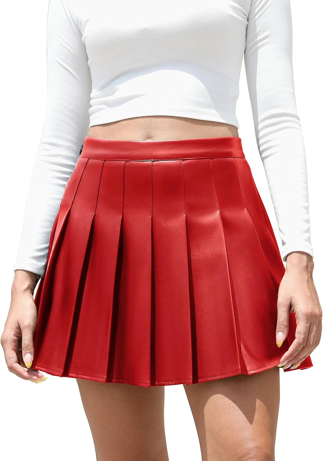Easisim Womens Faux Leather Mini Skirt High Waisted A-line Skater Short Pleated Skirts