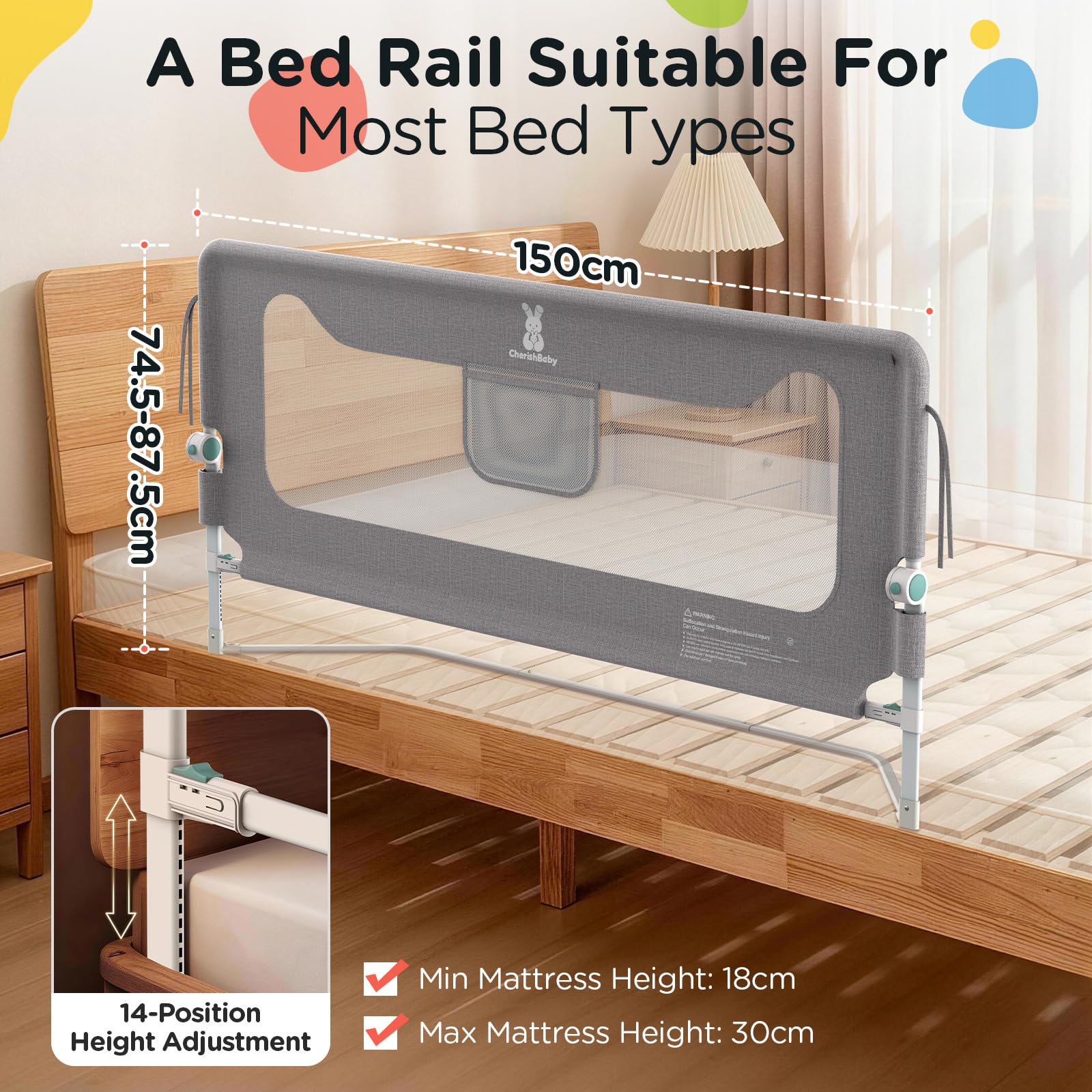 Huracan Barriera per letto Pieghevole 150 cm, protezione anticaduta per letto, protezione anticaduta regolabile in altezza in 14 posizioni, barriera stabile per lettini, letto dei genitori e lettino
