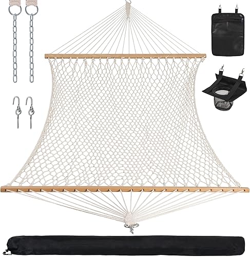 ANOW Hamaca doble de cuerda con barra separadora de madera dura y bolsa de transporte, capacidad de peso de 450 libras para dos personas, natural