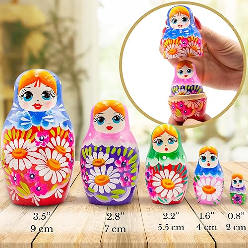 Miniatura 3 de AEVVV Juego de 5 muñecas rusas de anidación  Muñeca rusa en colorido vestido Sarafan con flores de prado  Muñeca Matryoshka para aprender colores