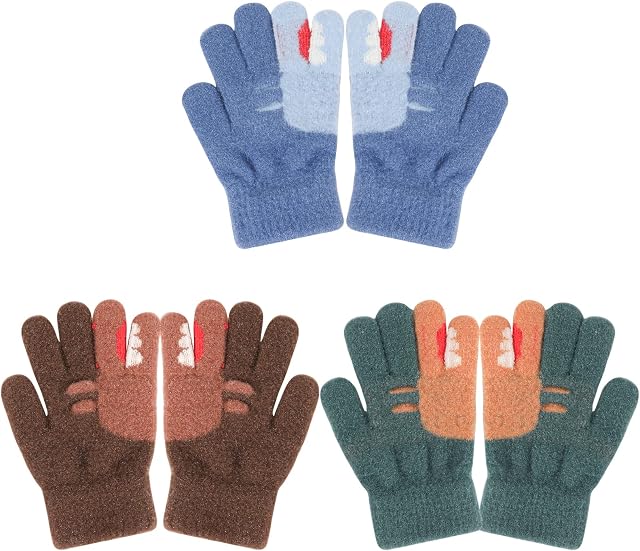 QKURT 3 Pairs Kids Winter Knit Gloves Children Warm Fleece Full-finger Stretch Magic Gloves for Boys Girls Age 5-10 years, Hippo Looking