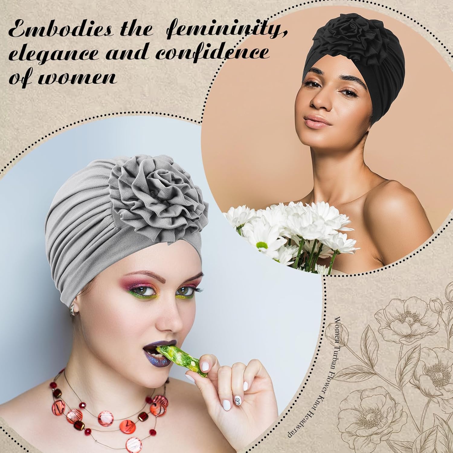 JenPen 4 Pcs Chemo Turban Headwear for Women Soft Cancer Cap Flower Turban Elastic Head Wrap for Cancer Patients Hair Loss - Image 3