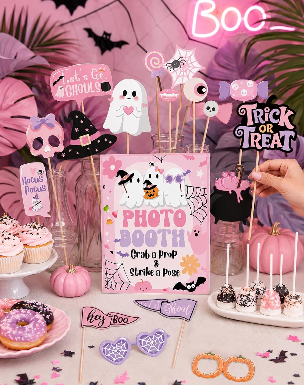 32PCS Cute Ghost Halloween Photo Booth Props Set with Tabletop Sign