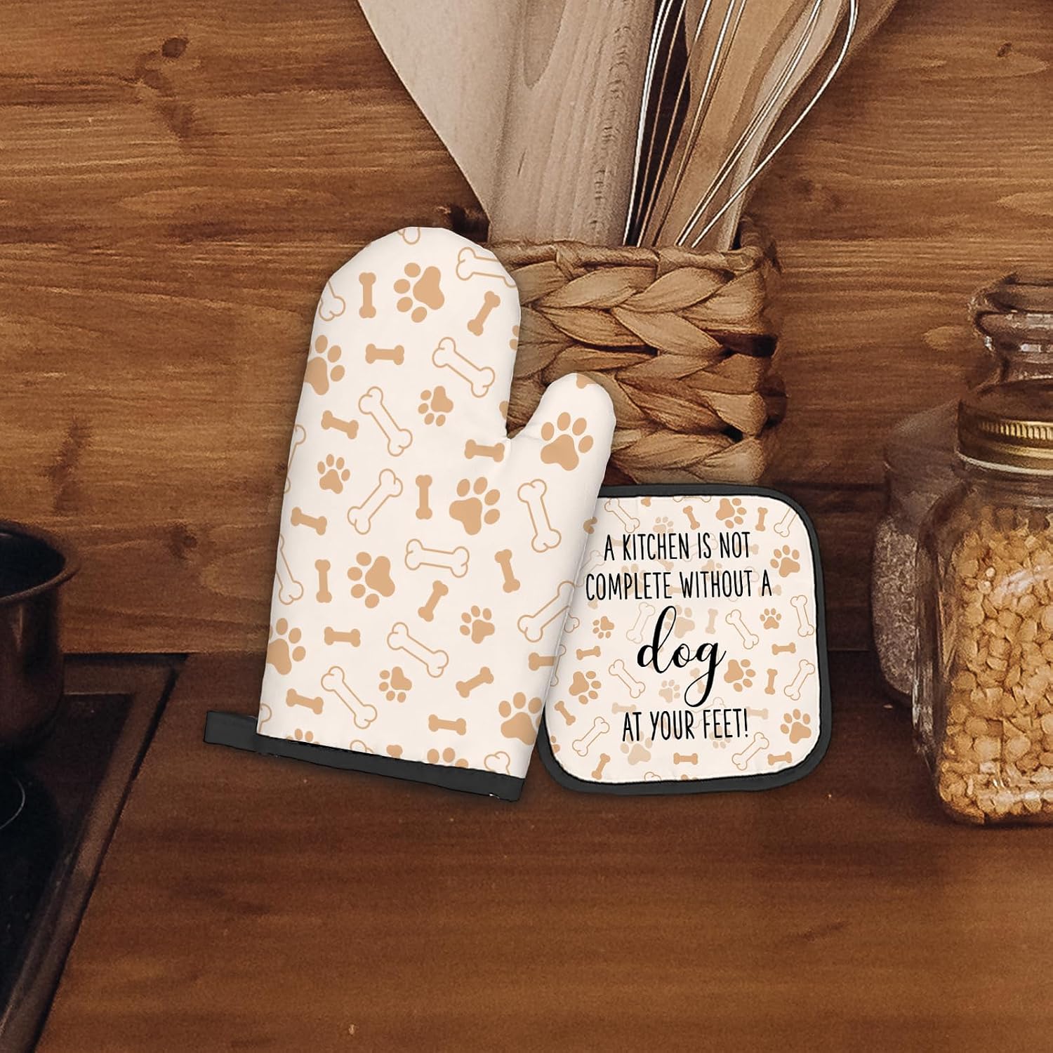 Dog Oven Mitts and Pot Holders Sets, Dog Lover Gifts for Women, Dog Paw Kitchen Accessories Sets, Complete Without a Dog at You Feet Heat Resistant Oven Glove Potholders for Kitchen Baking image 3