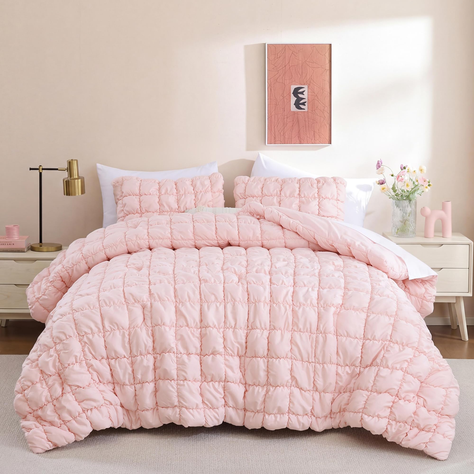 JANZAA Queen Comforter Set, Blush Pink Comforter with Puff Plaid Fluffy Comforter Set Queen, Cloud-Like Soft Cozy Bedding Set, Lightweight Warm Bedroom Decor for All Season with 2 Pillowcases