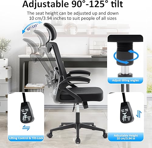 Miniatura 6 de Fizzin Silla de oficina ergonómica, silla de escritorio ergonómica con reposacabezas de malla para computadora con respaldo alto, soporte lumbar