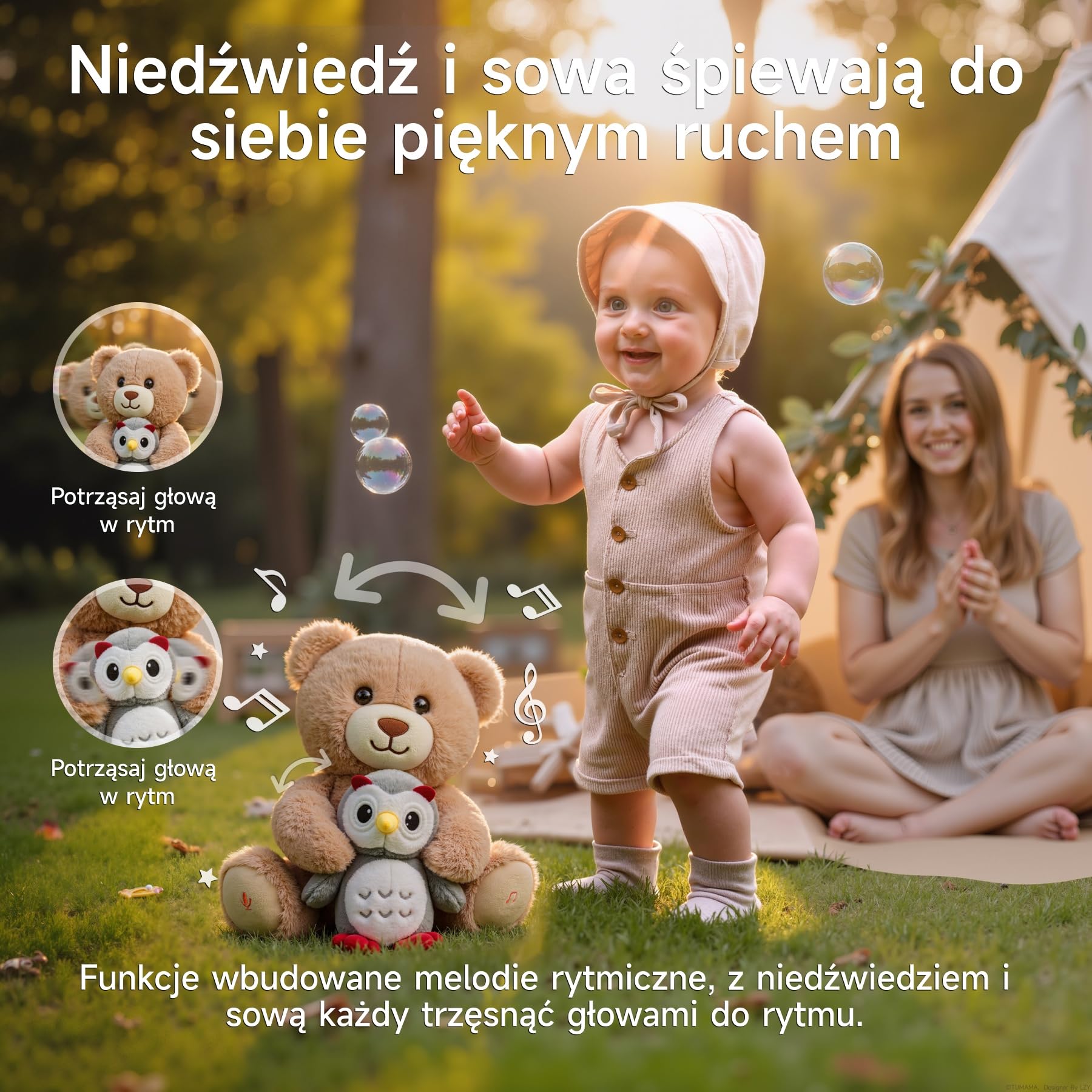 Muzyczny Pluszowy Miś z Sową, Interaktywny Mówiąca Przytulanka, Miękka Zabawka Pluszowa, Śpiewająca i Nagrywająca Pluszowe Zwierzątko, Prezent dla Niemowląt i Dzieci