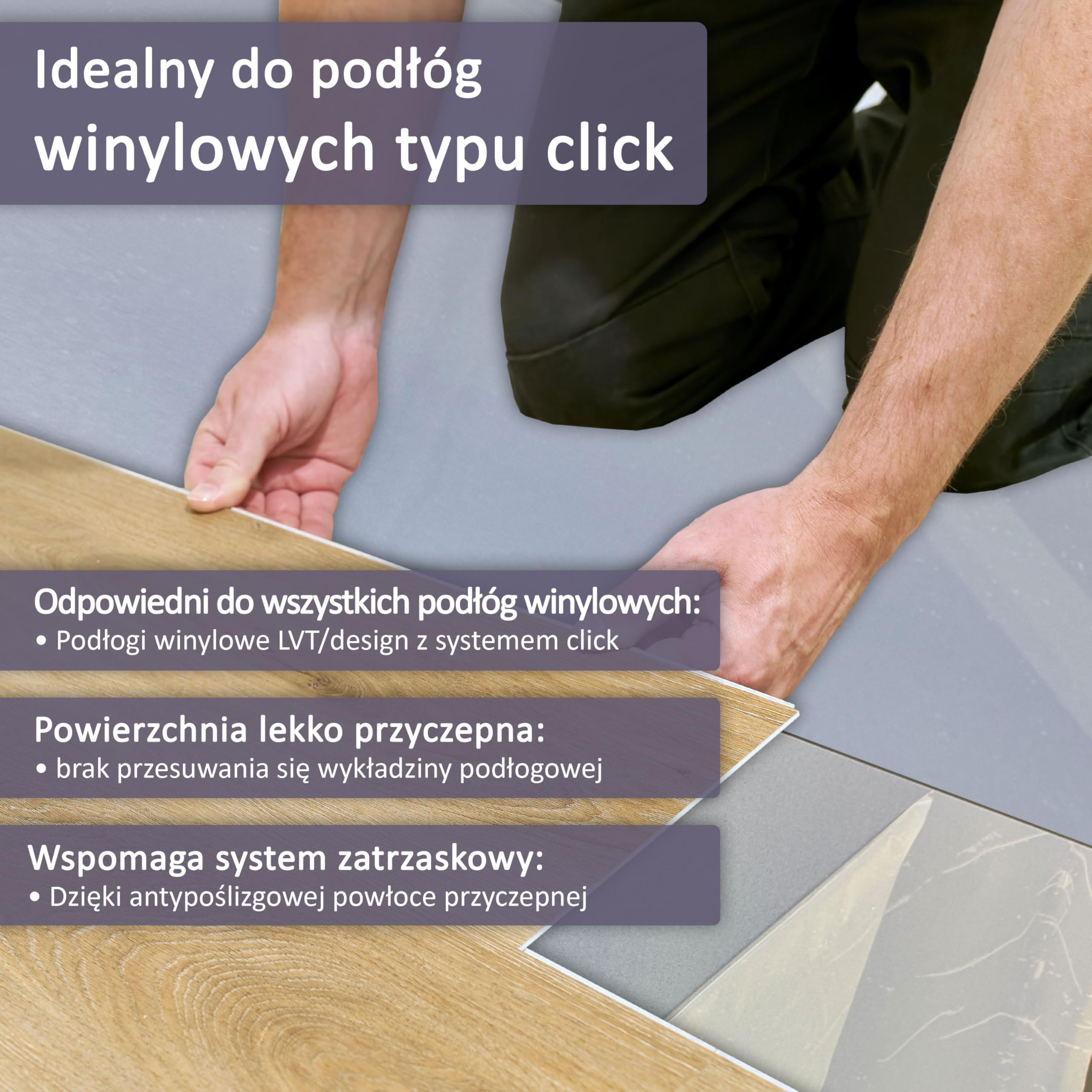 Podkładka winylowa "uficell Vinosound FIX0" — grubość: 1,5 mm — gęstość: 500 kg/m³ — samoprzylepna izolacja akustyczna do podłogi winylowej LVT 4-5 mm bez płyty nośnej HDF (50 m²)