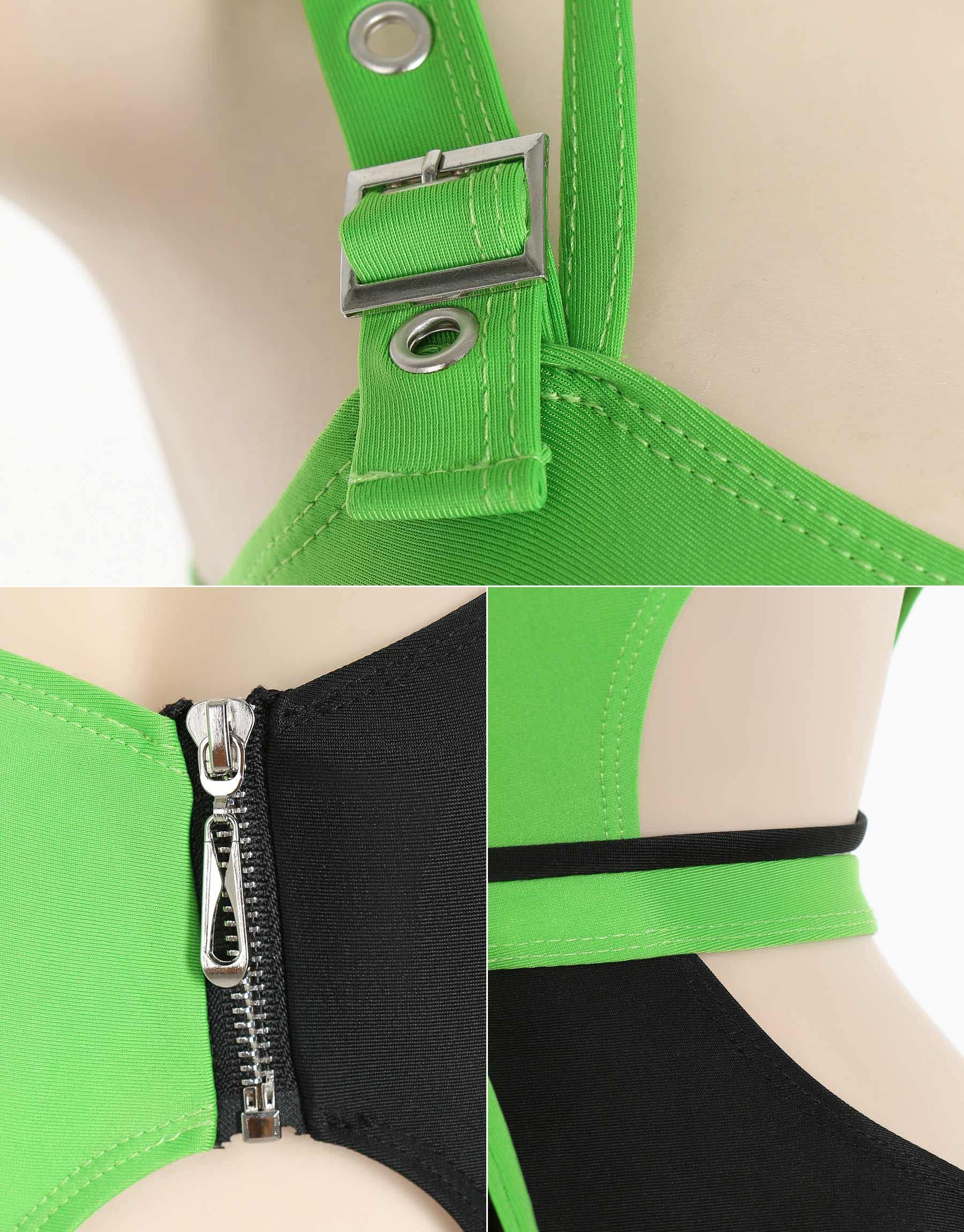 MEOWCOS Women's One Piece Swimwear Gothic Swimsuit Green and Black Spliced Cutout Bathing Suit: Small Black and Green