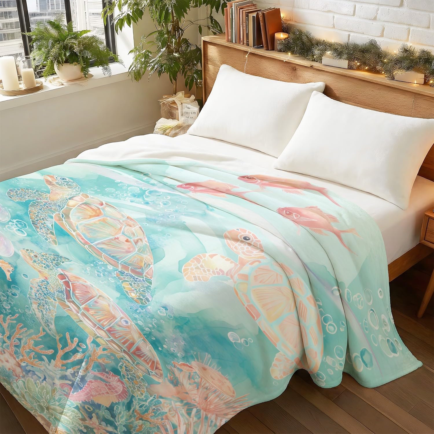 Koc dziecięcy do przytulania 150 cm x 180 cm, z fantazją, świeży, spokojny, elegancki, natura, podwodny świat zwierząt, polar, ciepły i miękki, flanelowy koc na łóżko, sofę, dla młodzieży