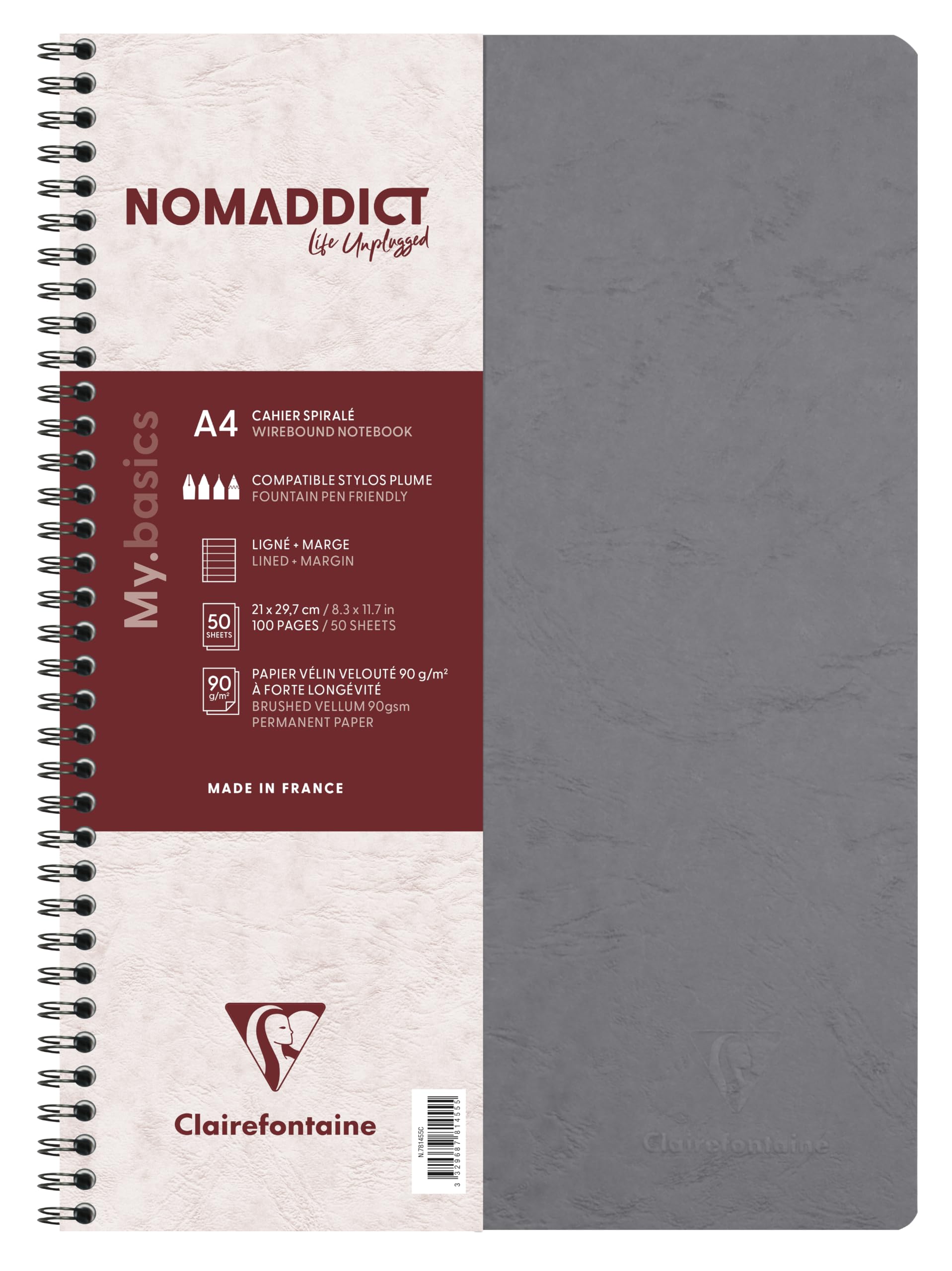 Clairefontaine 781455C Age Bag Collection Grey Spiral Notebook - A4 21x29.7cm - 100 Lined Pages w/ Margin - White Paper 90 g - Glossy Card Cover Leather Grain