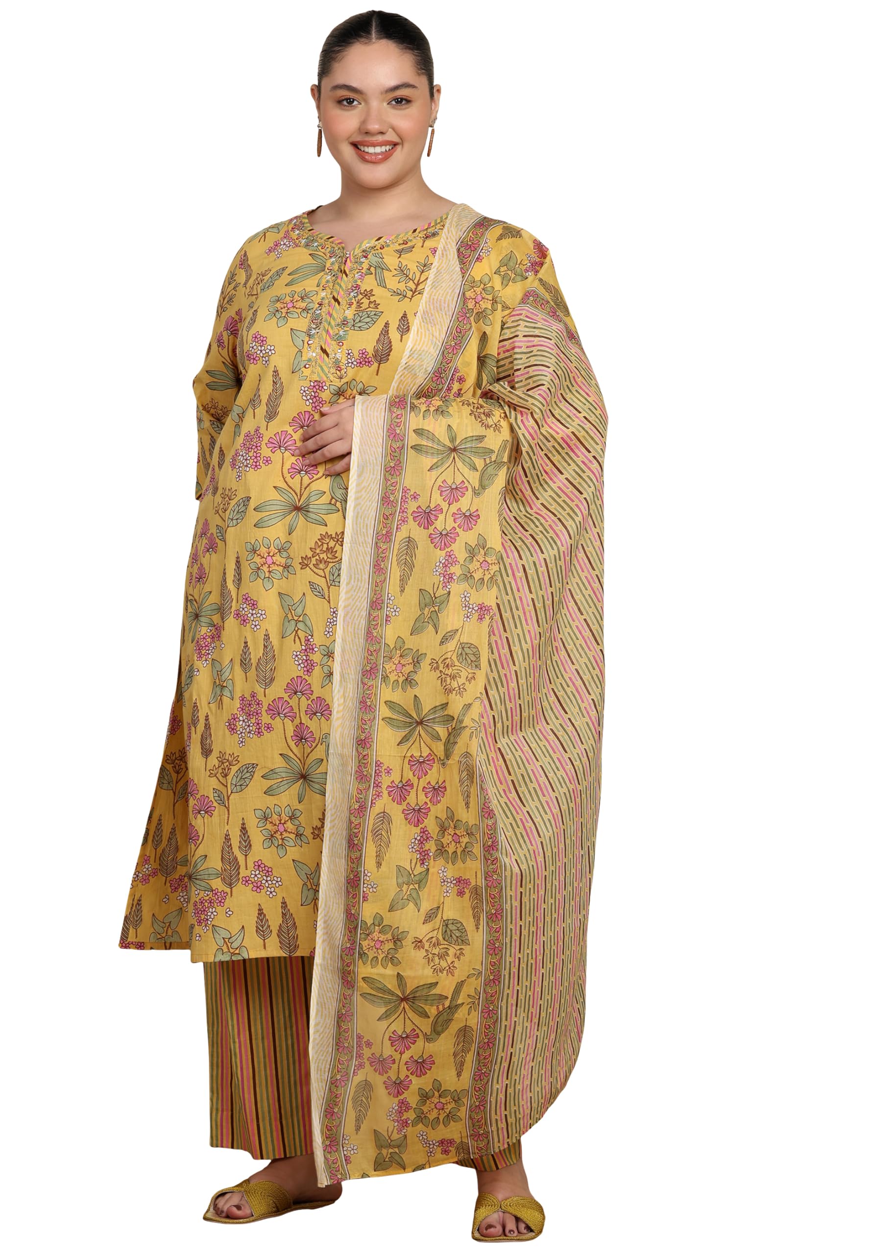 Yash Gallery Women’s Yellow Floral Printed Cambric Cotton Kurta Set with Striped Pants & Dupatta