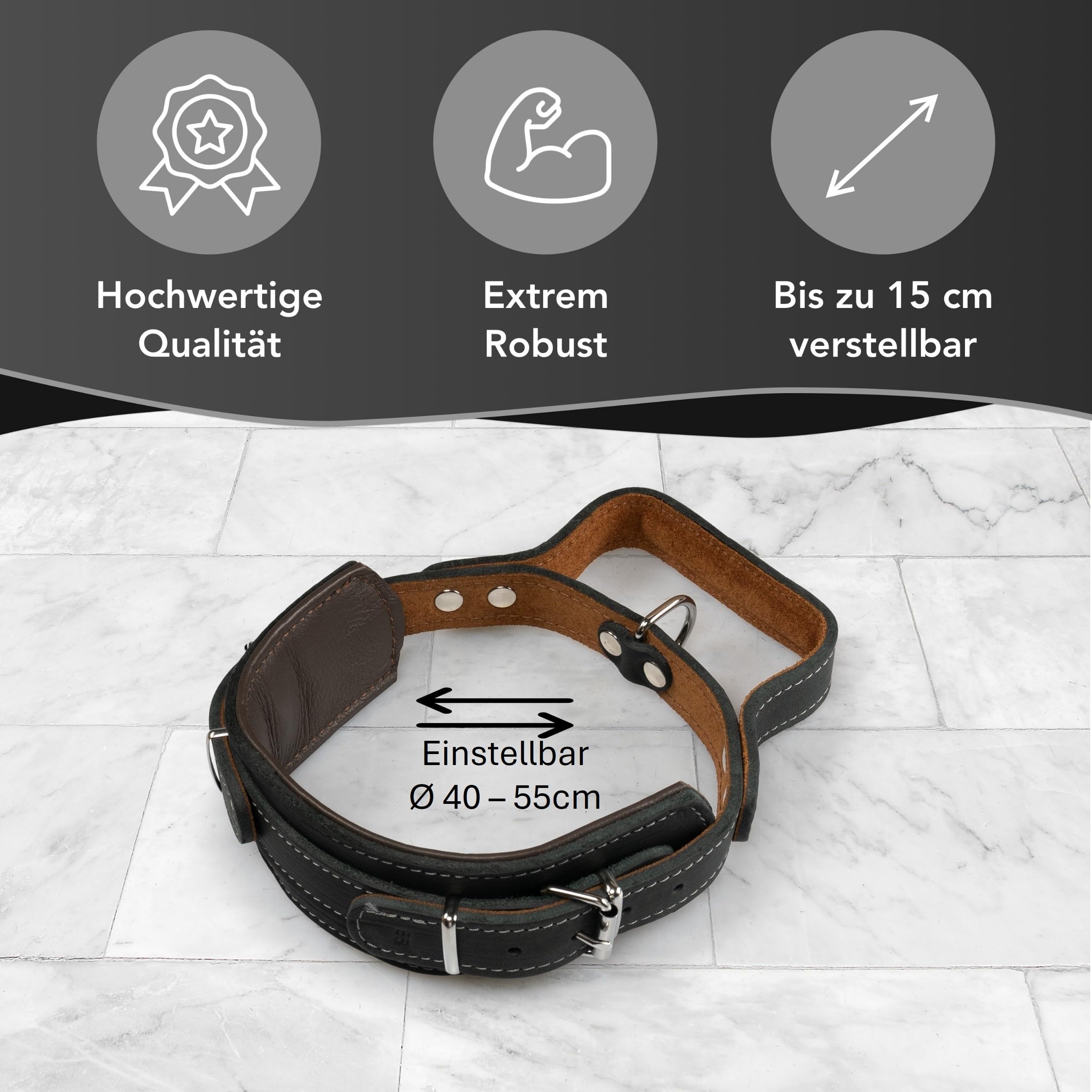 Hundehalsband mit Griff, Dickes qualitativ hochwertiges Leder 55cm x 60mm Erziehungshalsband Robustes taktisches Halsband bis zu 12cm verstellbar weich gepolstert